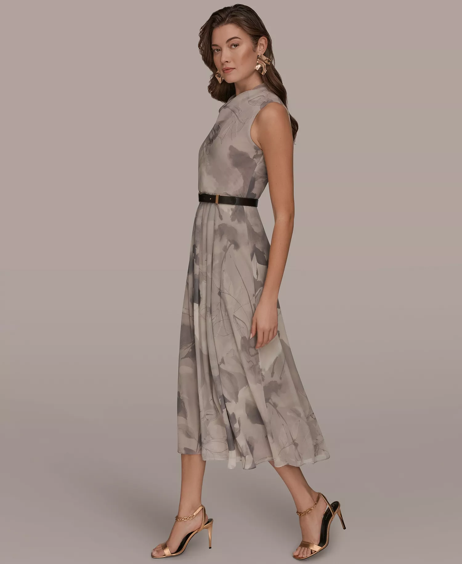 Women's Sleeveless Cowl Neck Floral Print Belted A-Line Midi Dress - Driftwood Multi - 10