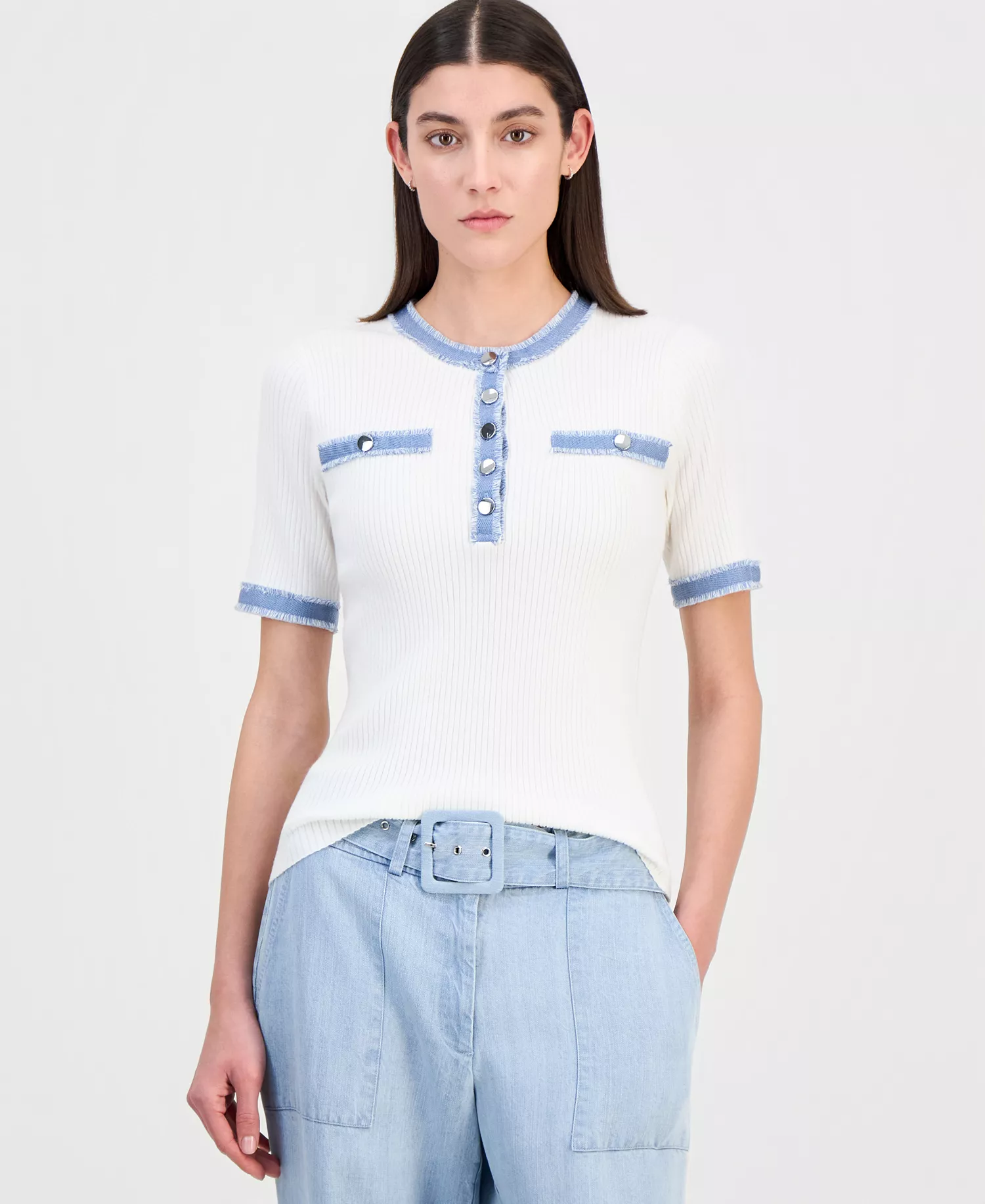 Women's Denim-Trim Ribbed Short-Sleeve Top - White With Denim - L