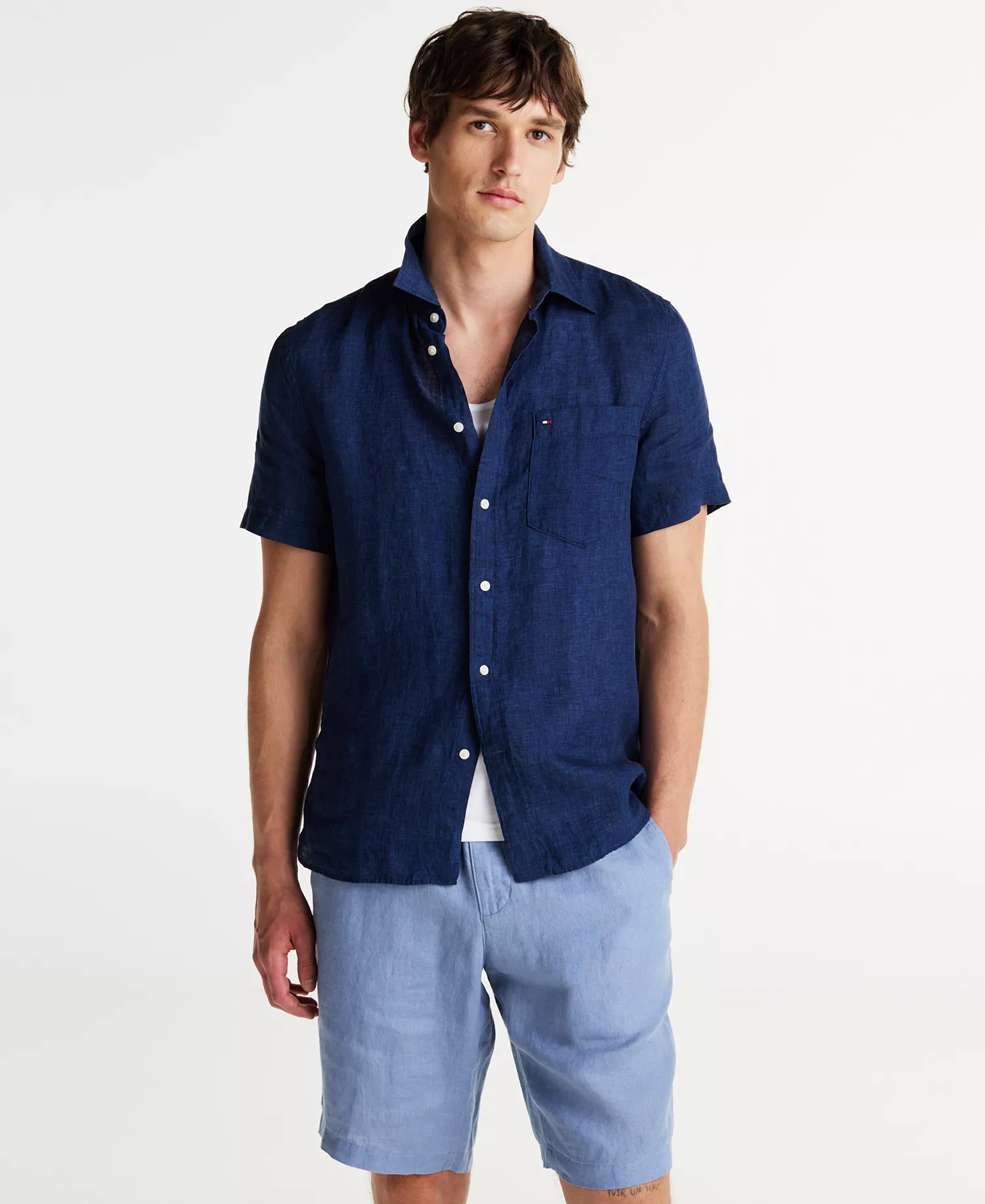 Men's Short-Sleeve Pigment-Dyed Linen Button-Front Shirt - Night Sky - M