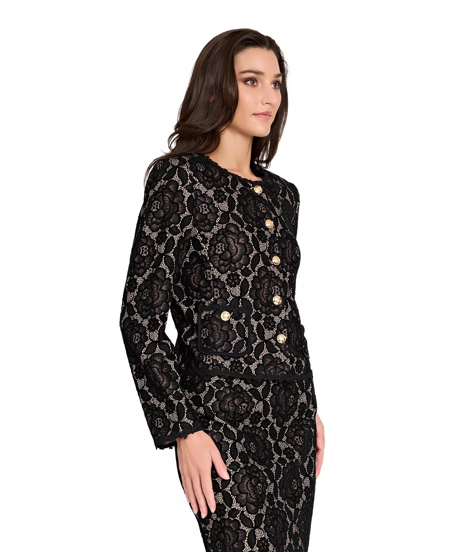 Women's Collarless Bonded Lace Jacket - Black Nude - 10