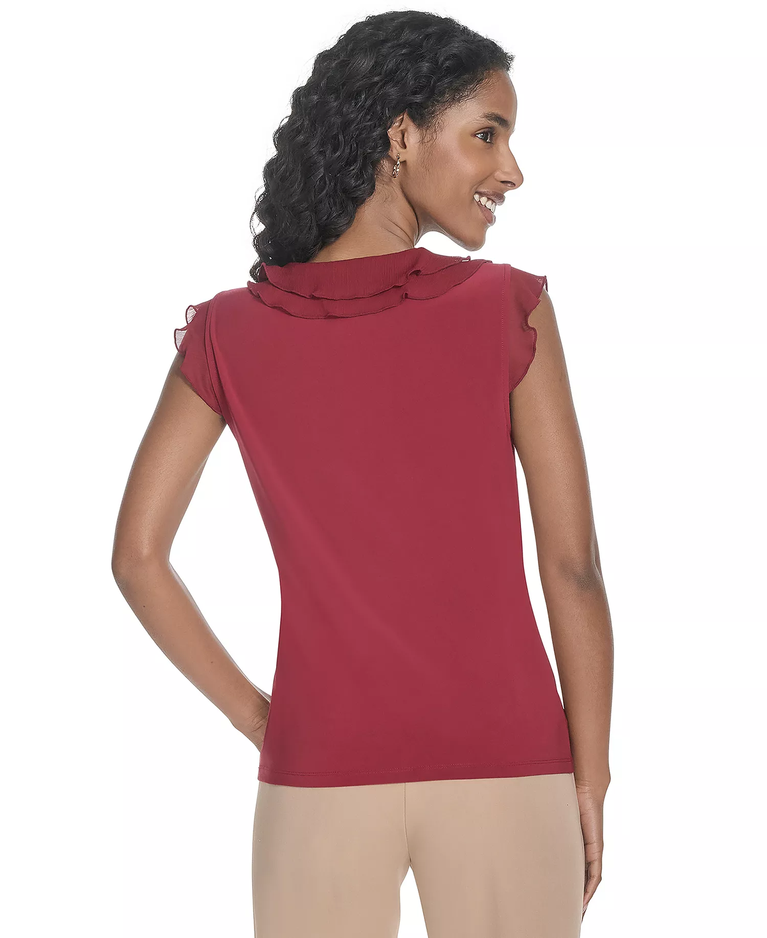 Women's Ruffled Mixed-Media Top - Crimson - L