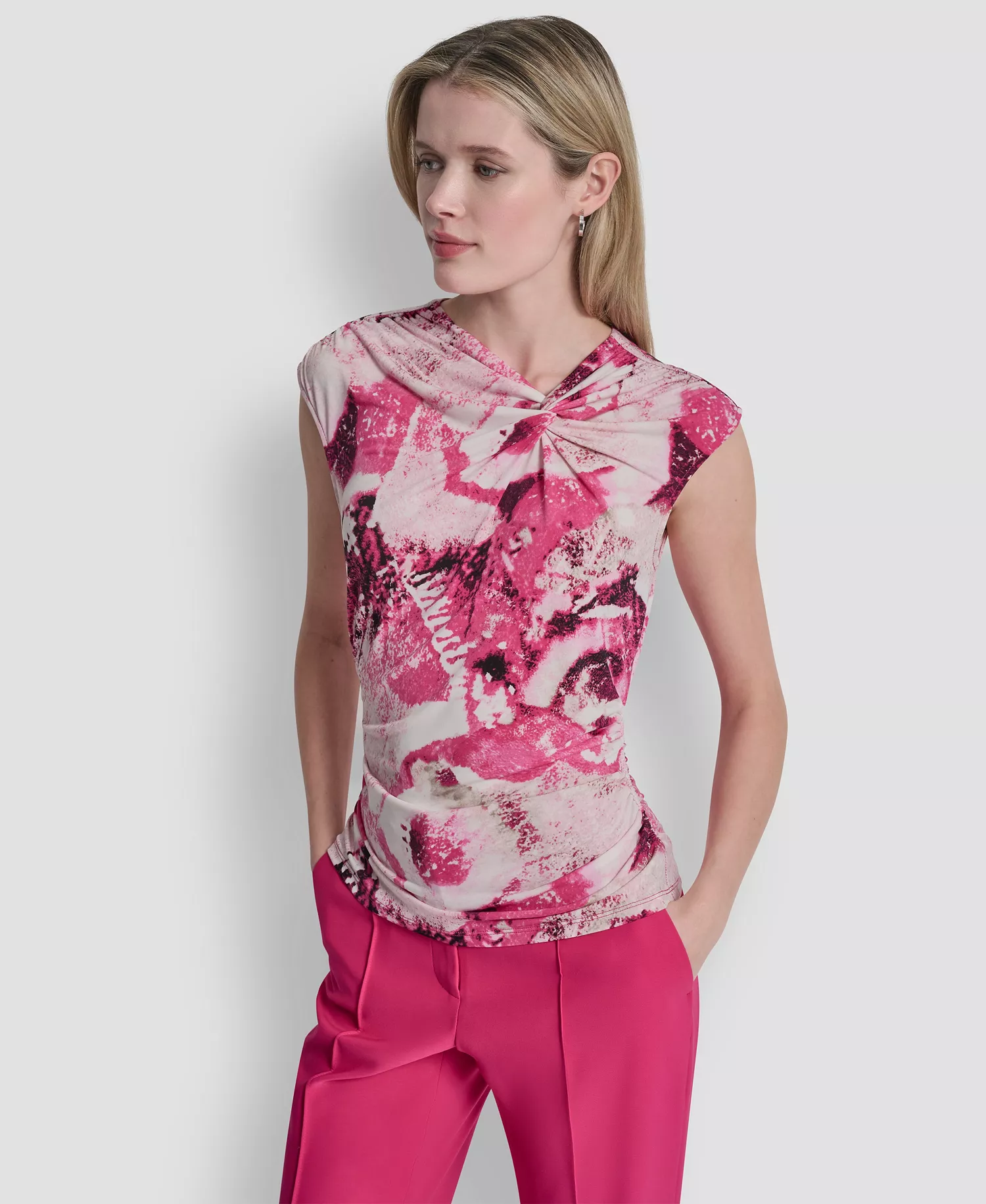 Women's Asymmetric Neck Cap-Sleeve Top - Hot Pink/Pebble Multi - L