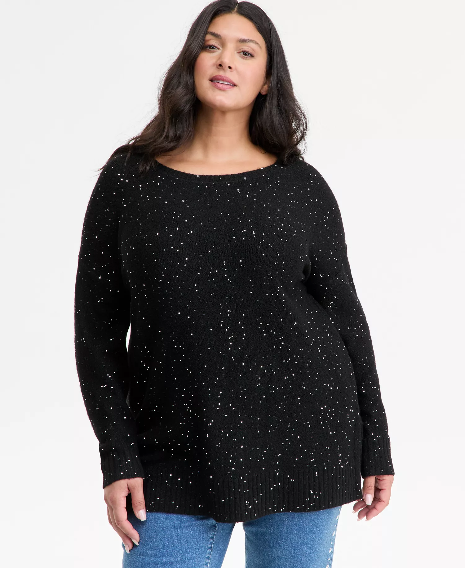 Plus Size Roving Sequin Boat-Neck Tunic Sweater, Macy's Exclusive  - Deep Black - 0X