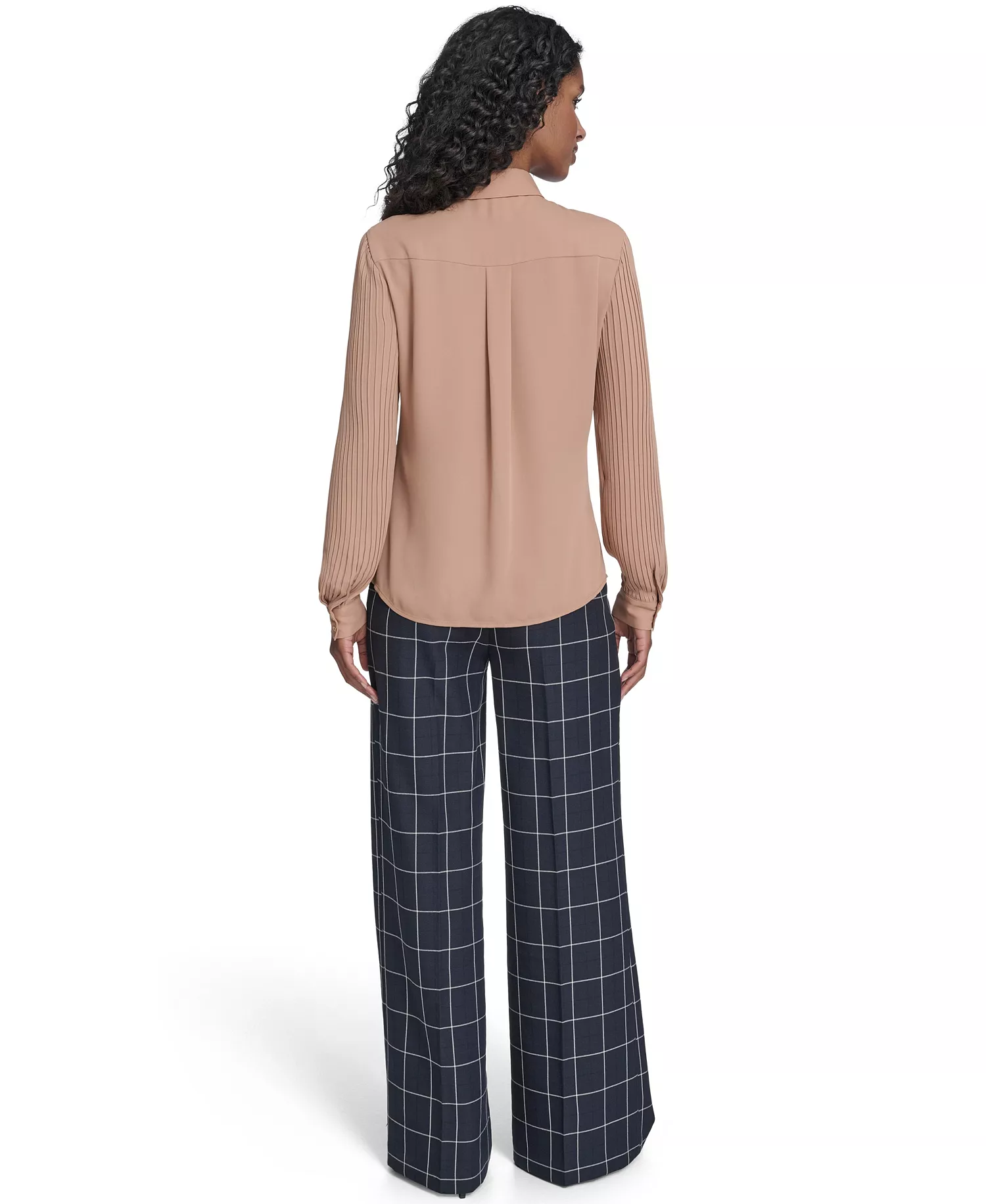 Women's Pleated Sleeve Button-Up Blouse - Brown Sugar - L