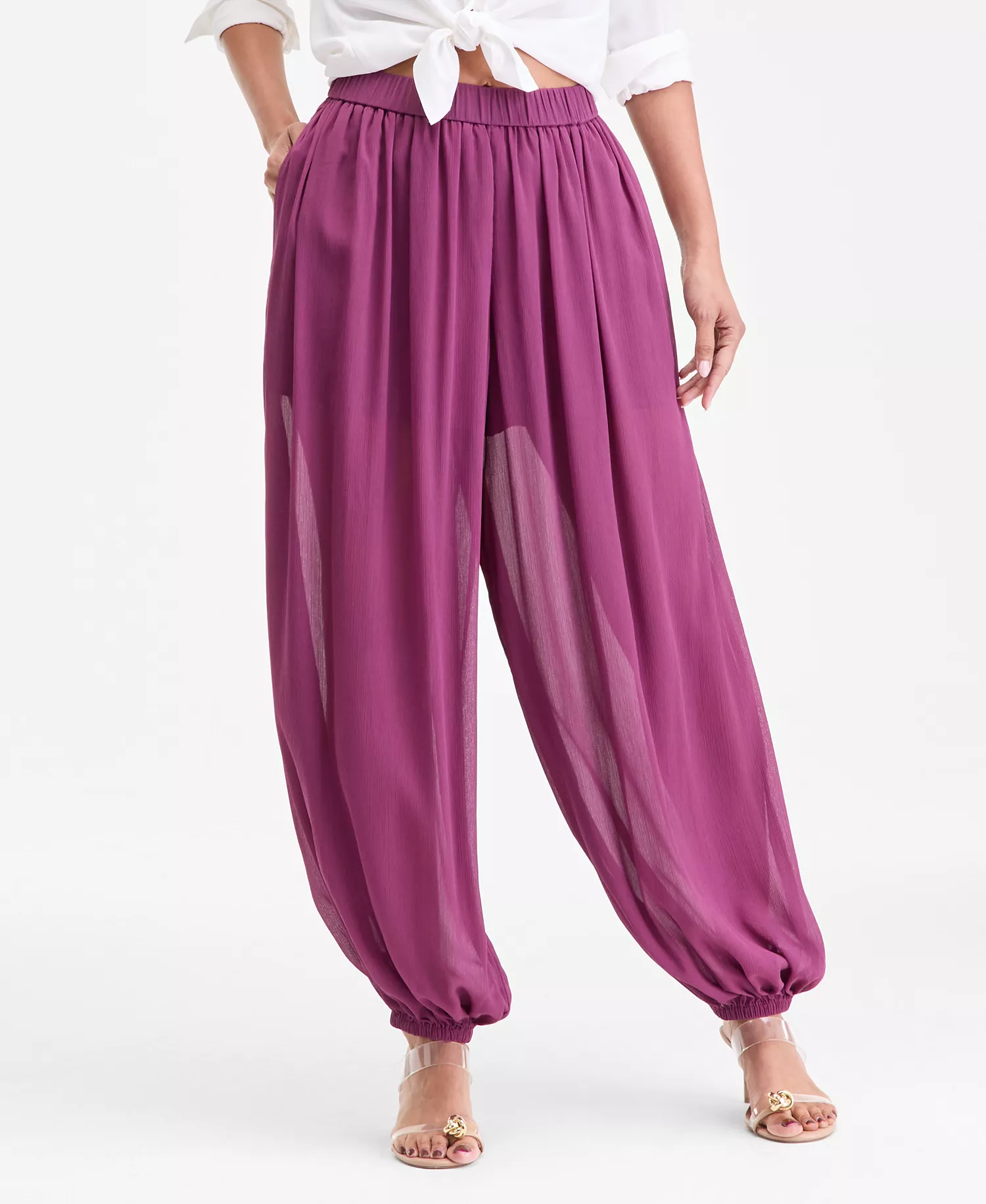 Women's Pull-On Crinkle-Chiffon Balloon Pants, Macy's Exclusive - Amaranth - L