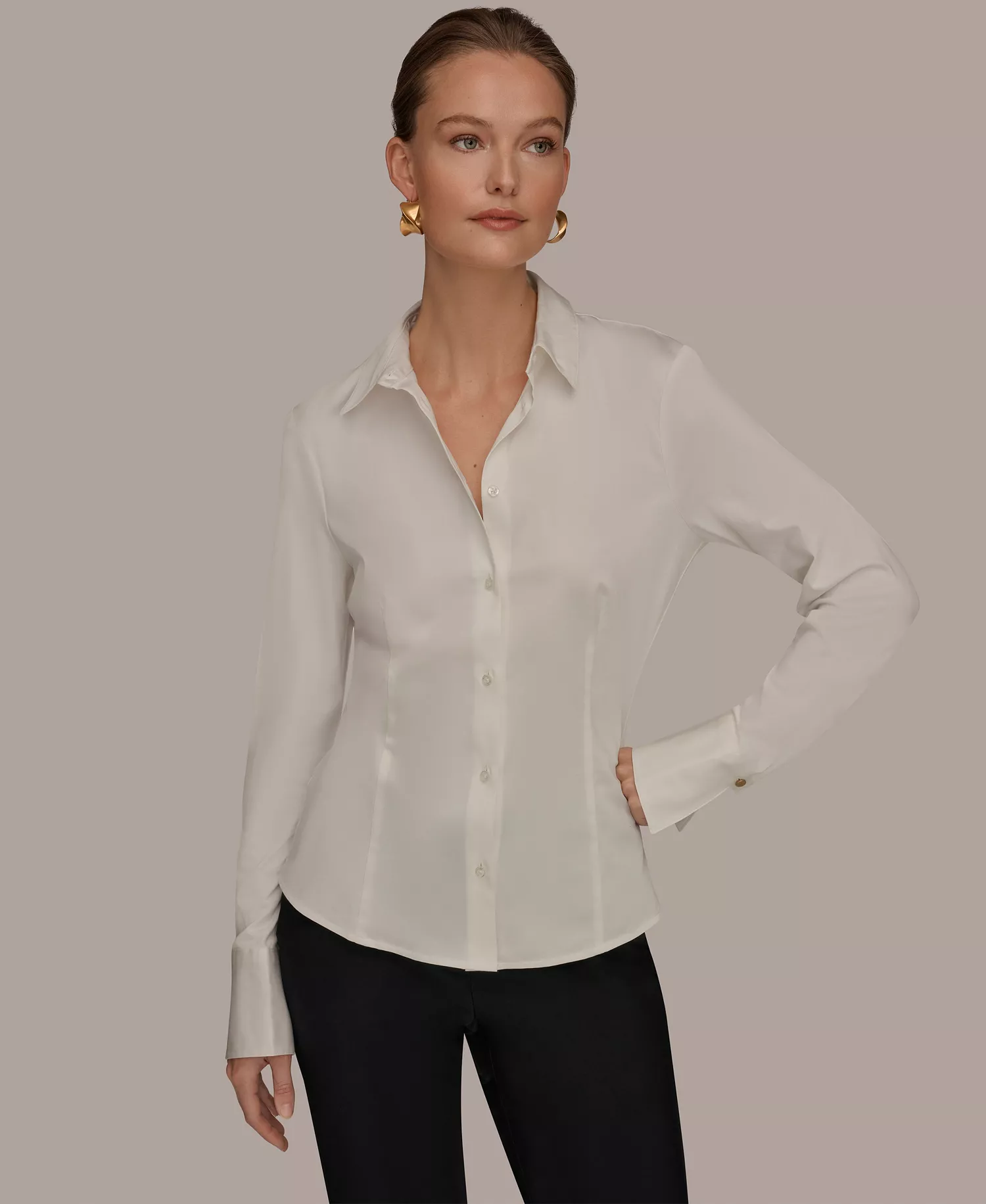 Women's Mixed Media Long-Sleeve Poplin Shirt - Cream - L