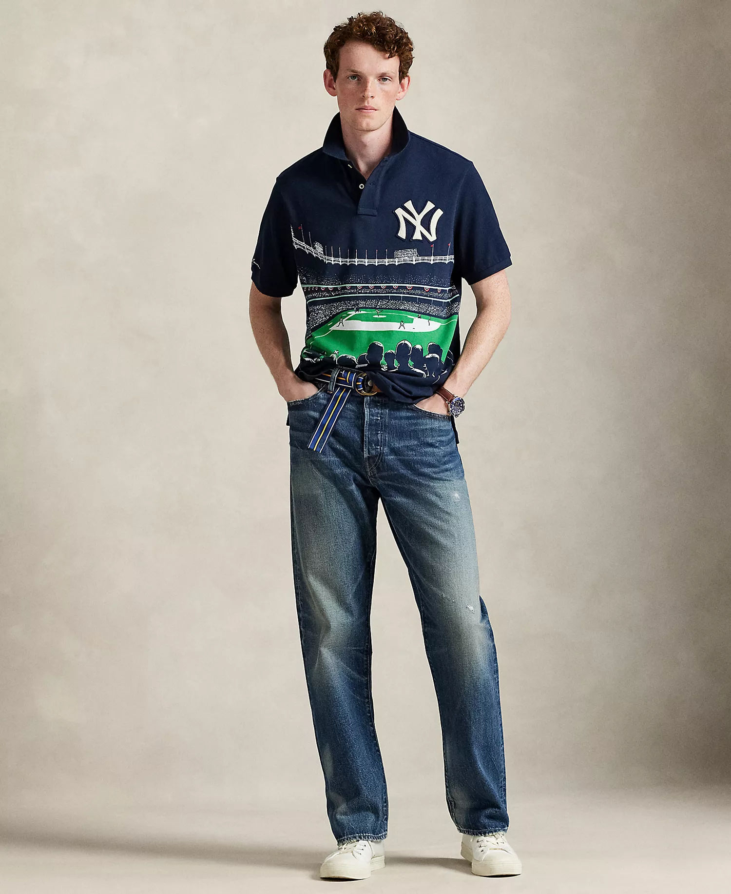 Men's Classic Fit Yankees Polo Shirt - Aviator Navy Poster Print Multi - L