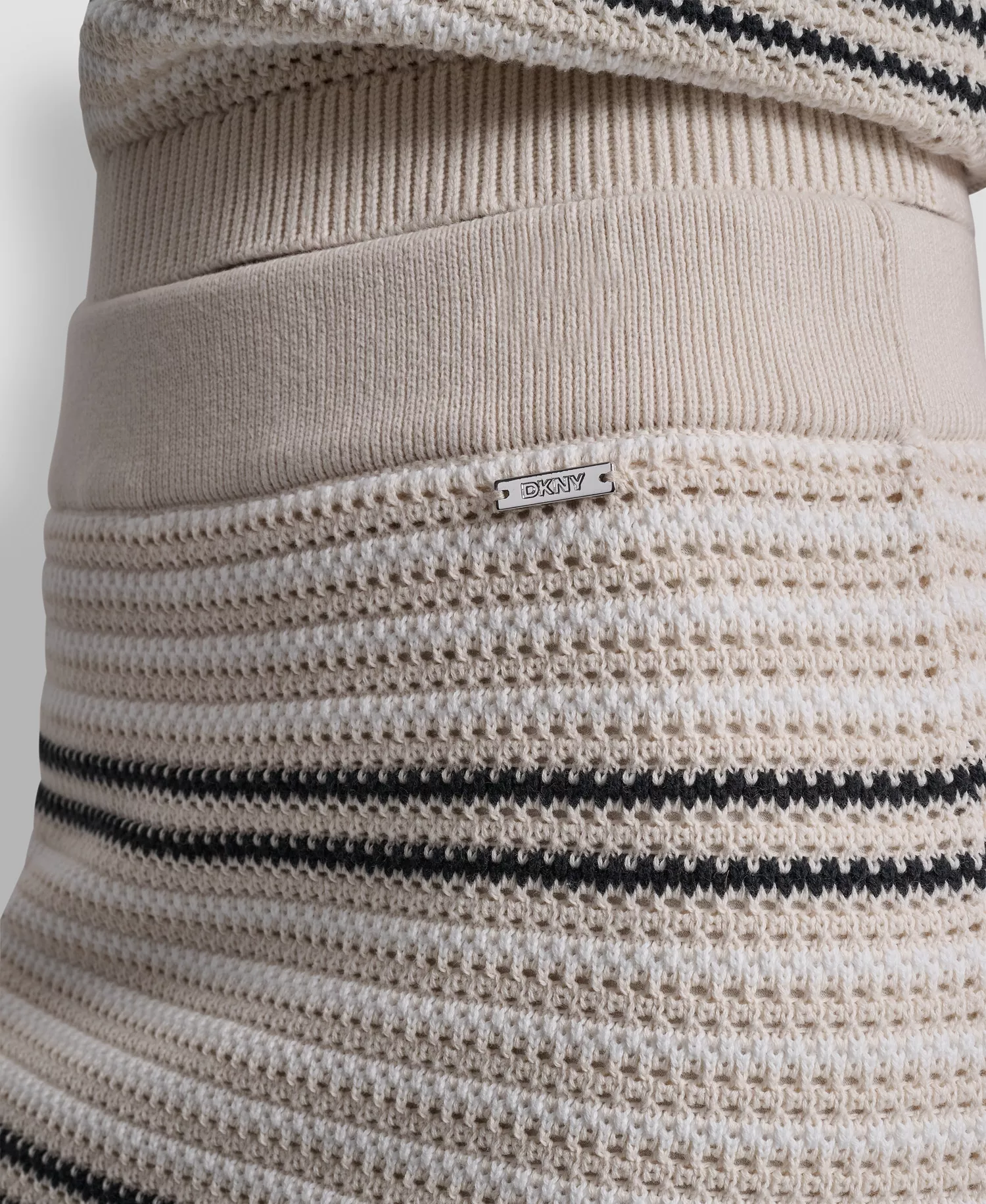 Women's Striped Pointelle Stitch Pull-On Midi Skirt - Natural/ivory/black - L