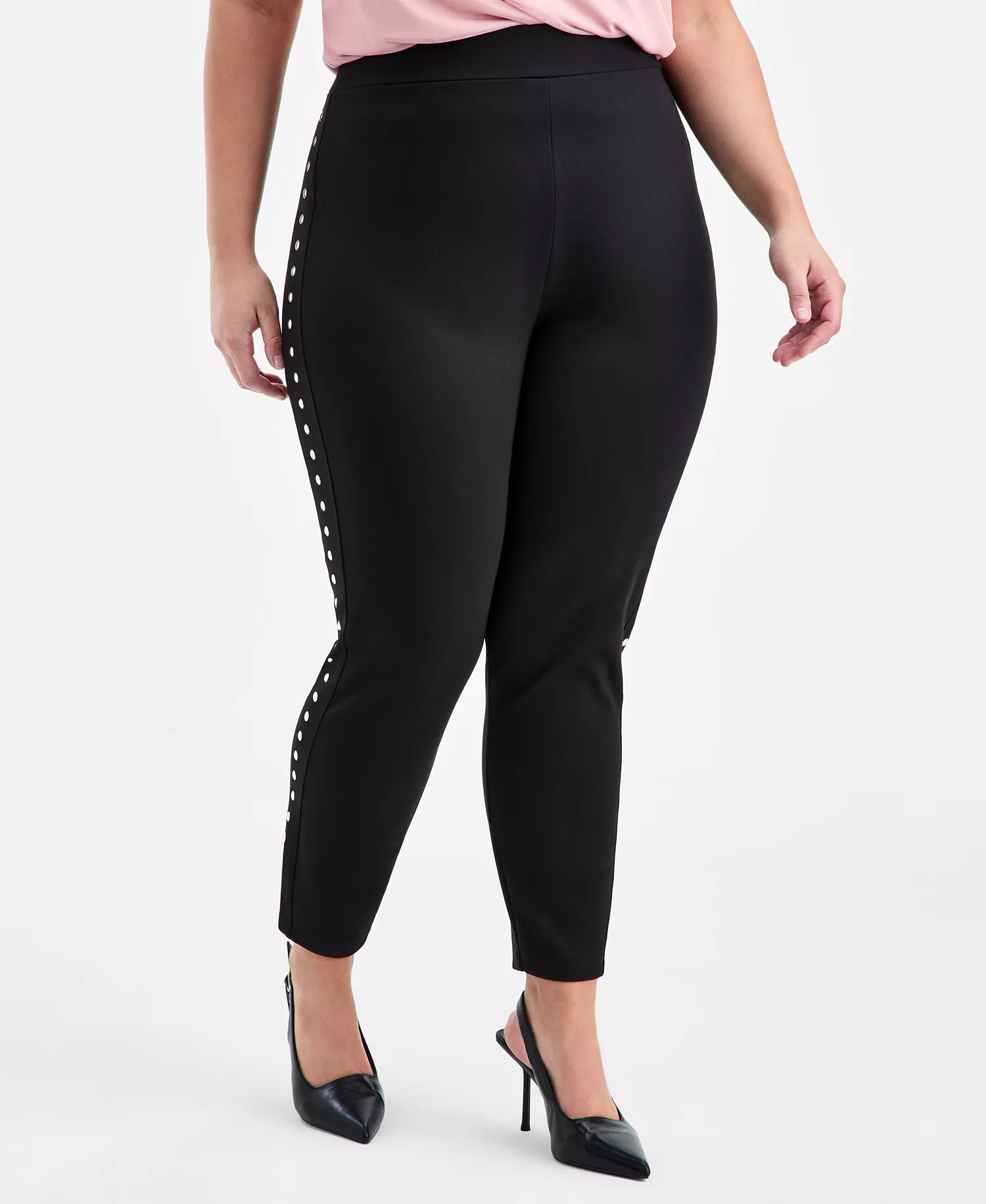 Trendy Plus Size Studded Pull-On Bodycon Leggings - Black - 0X