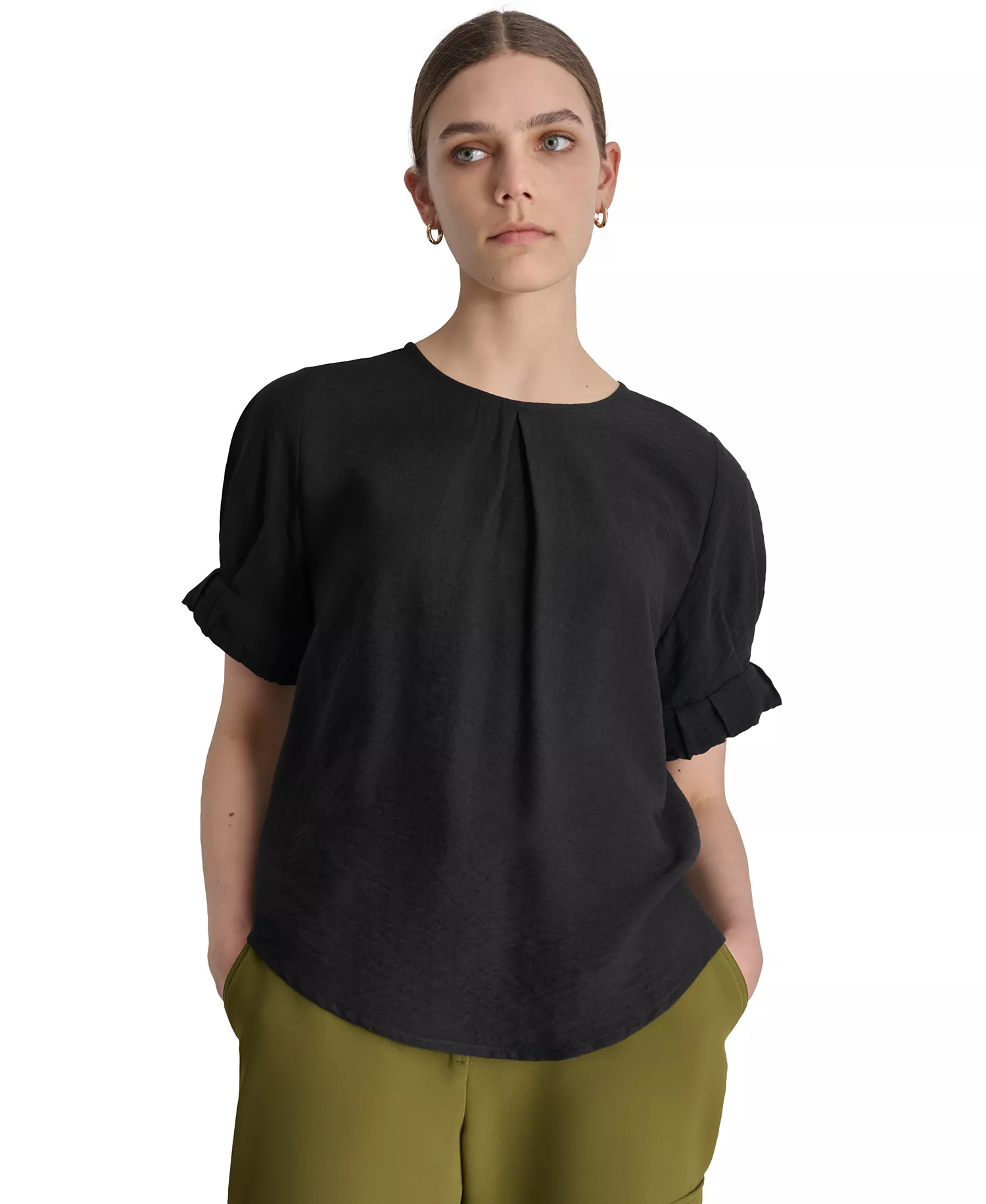 Women's Puff-Sleeve Pleated Blouse - Black - XS