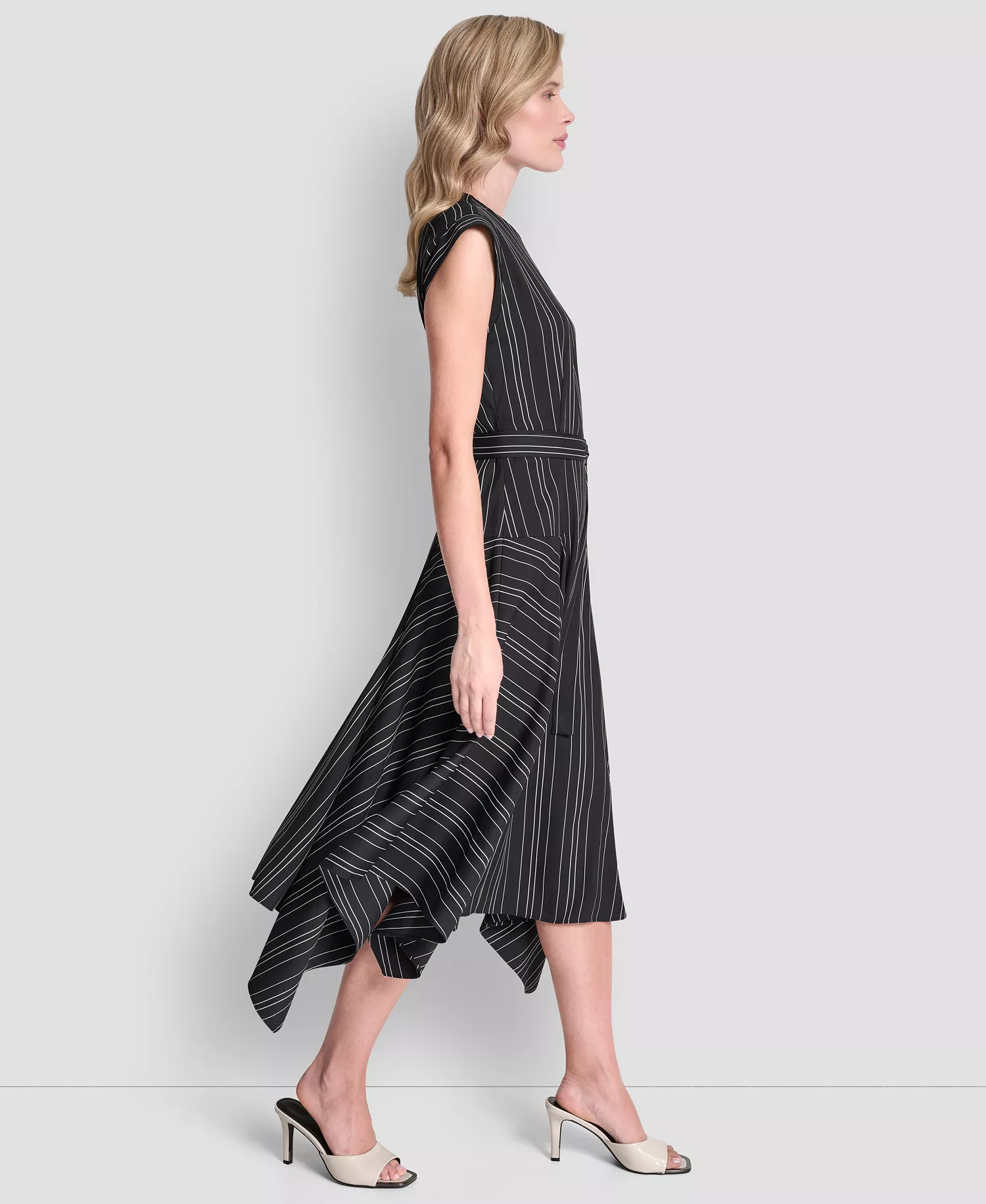 Women's Cap-Sleeve Asymmetric Hem Midi Dress - Black/Ivory - 10