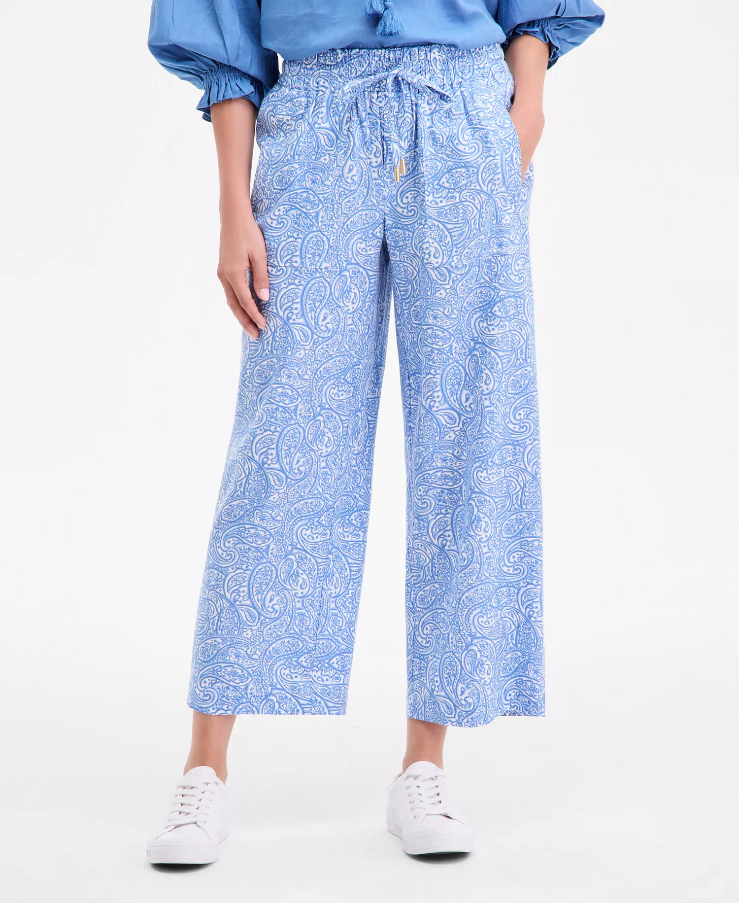 Nautica Women's Printed Linen-Blend Drawstring Pants - Blue Haze Multi - L