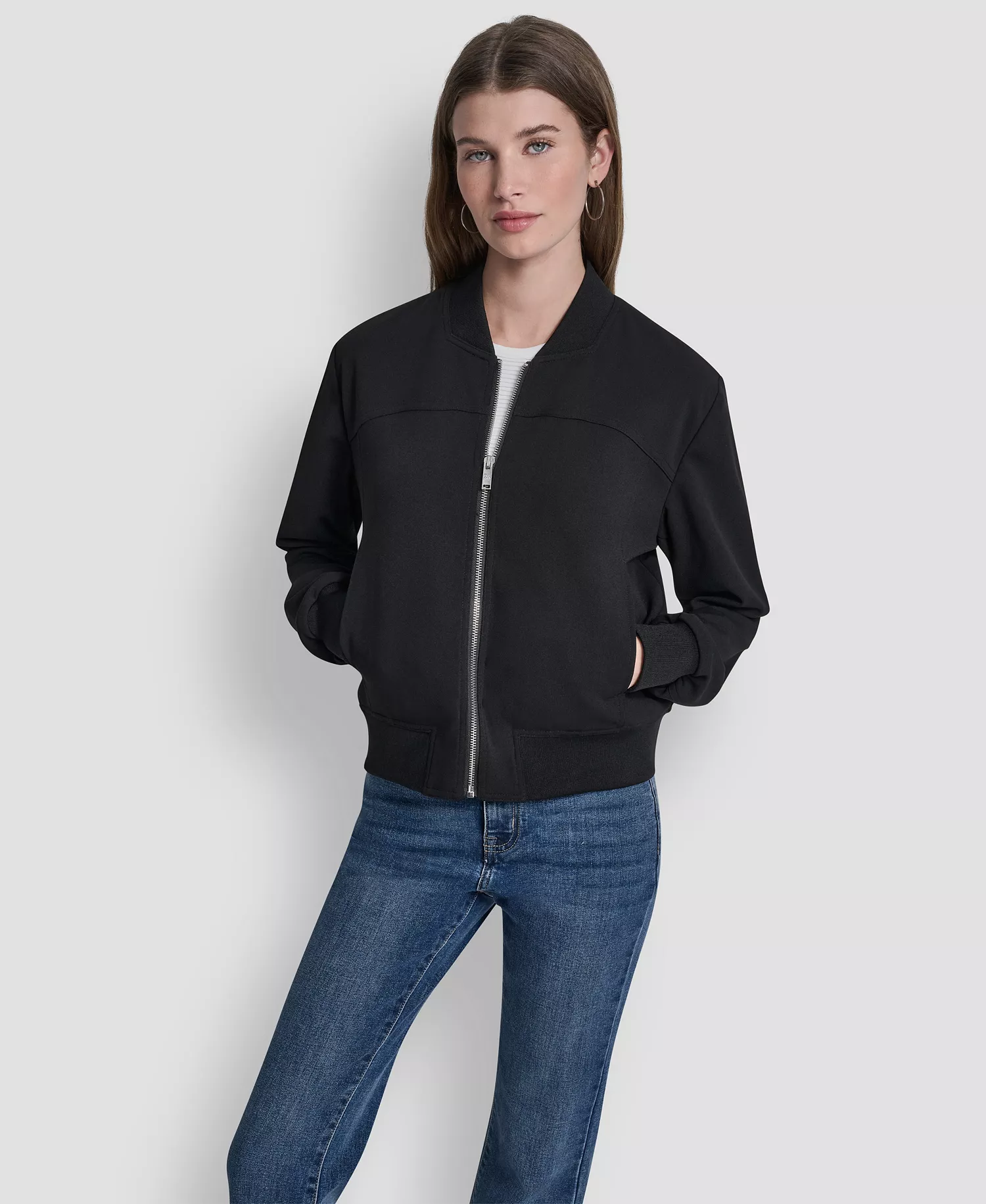 Women's Zippered Bomber Jacket - Black - L