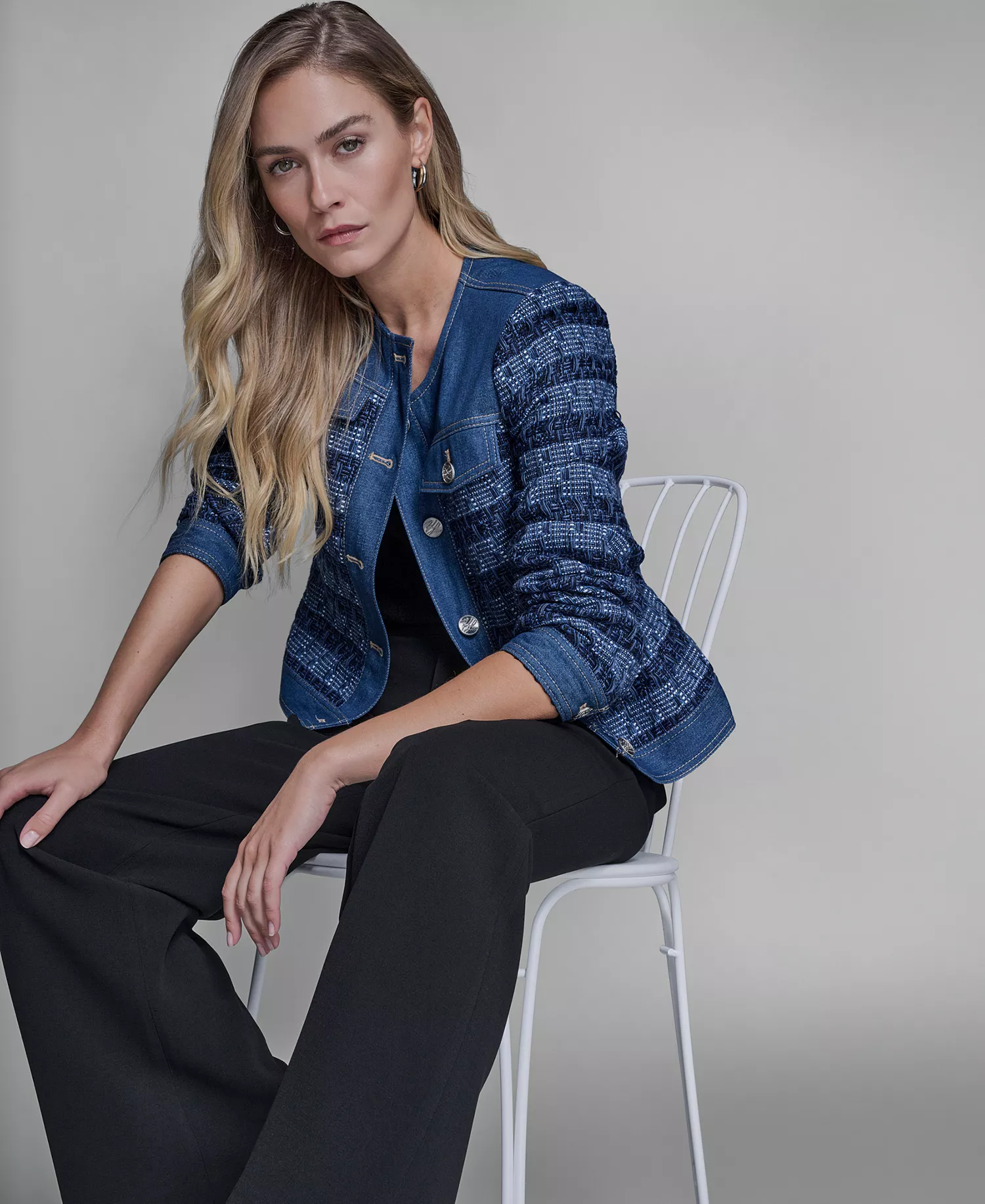 Women's Denim Tweed Crewneck Jacket - Blu Aura/french Blue Multi - P/L