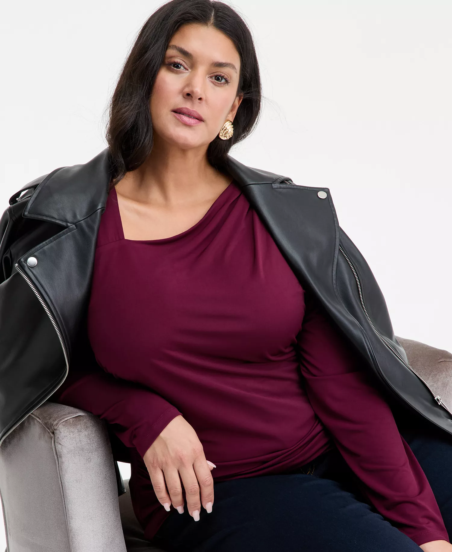 Plus Size Asymmetric-Neck Long-Sleeve Top, Macy's Exclusive  - Berried Treasur - 0X