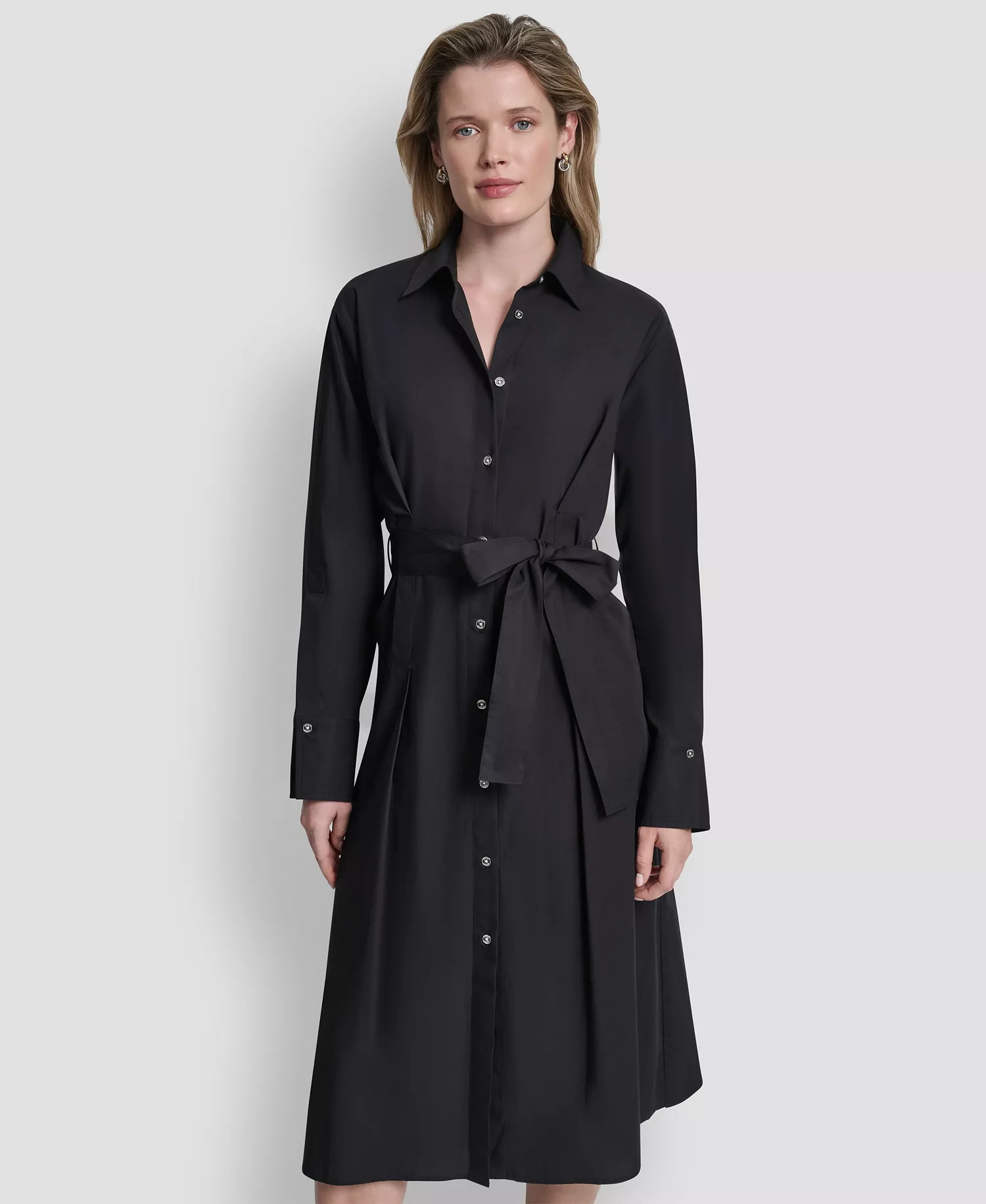 Women's Long-Sleeve Collared Neck Midi Shirt Dress - Black - 10