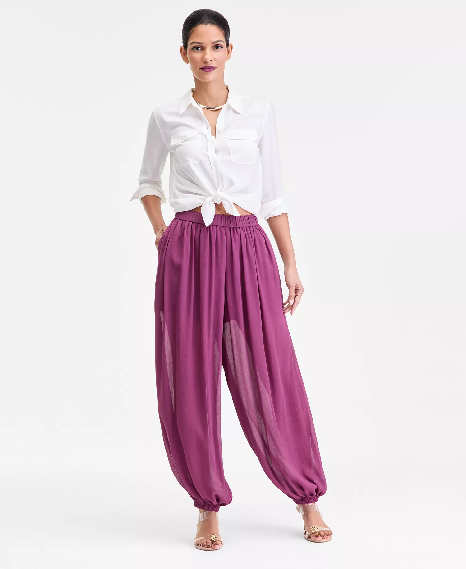Women's Pull-On Crinkle-Chiffon Balloon Pants, Macy's Exclusive - Amaranth - L