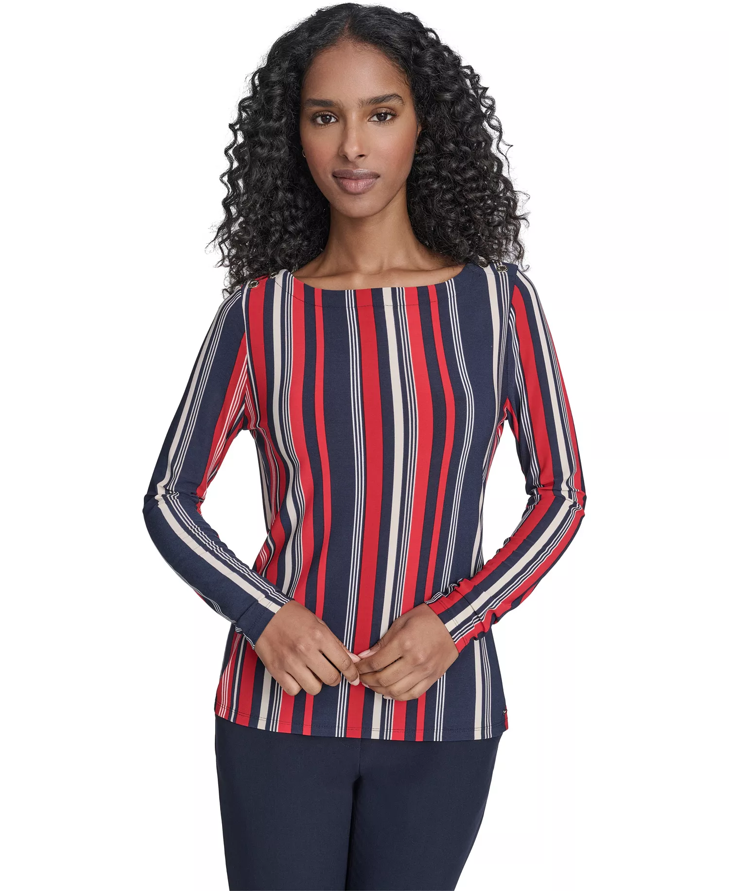 Women's Striped Long Sleeve Boat Neck Top - Midnight/ Scarlet - L