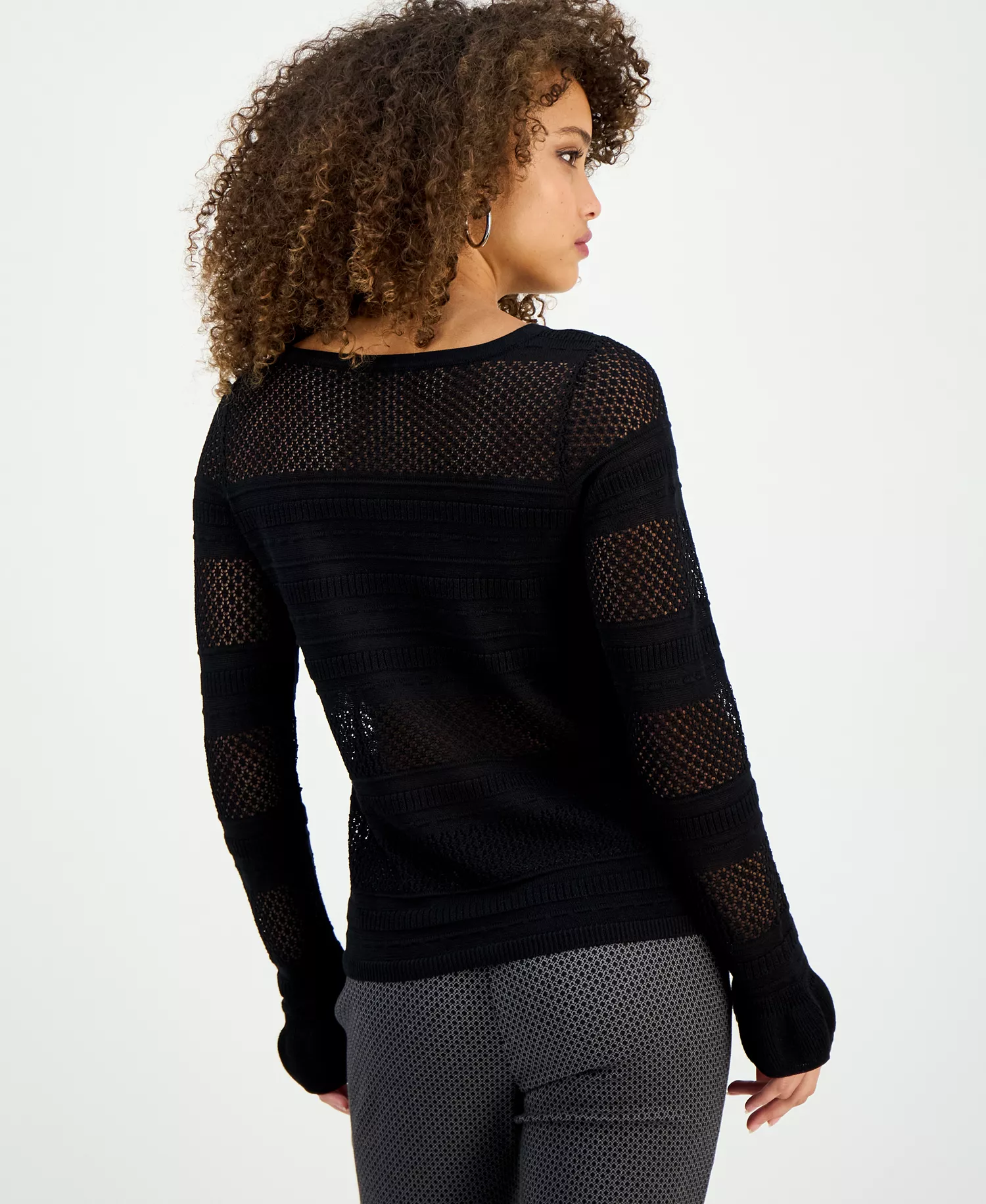 Petite Ruffle Pointelle Sweater, Macy's Exclusive  - Deep Black - P/L