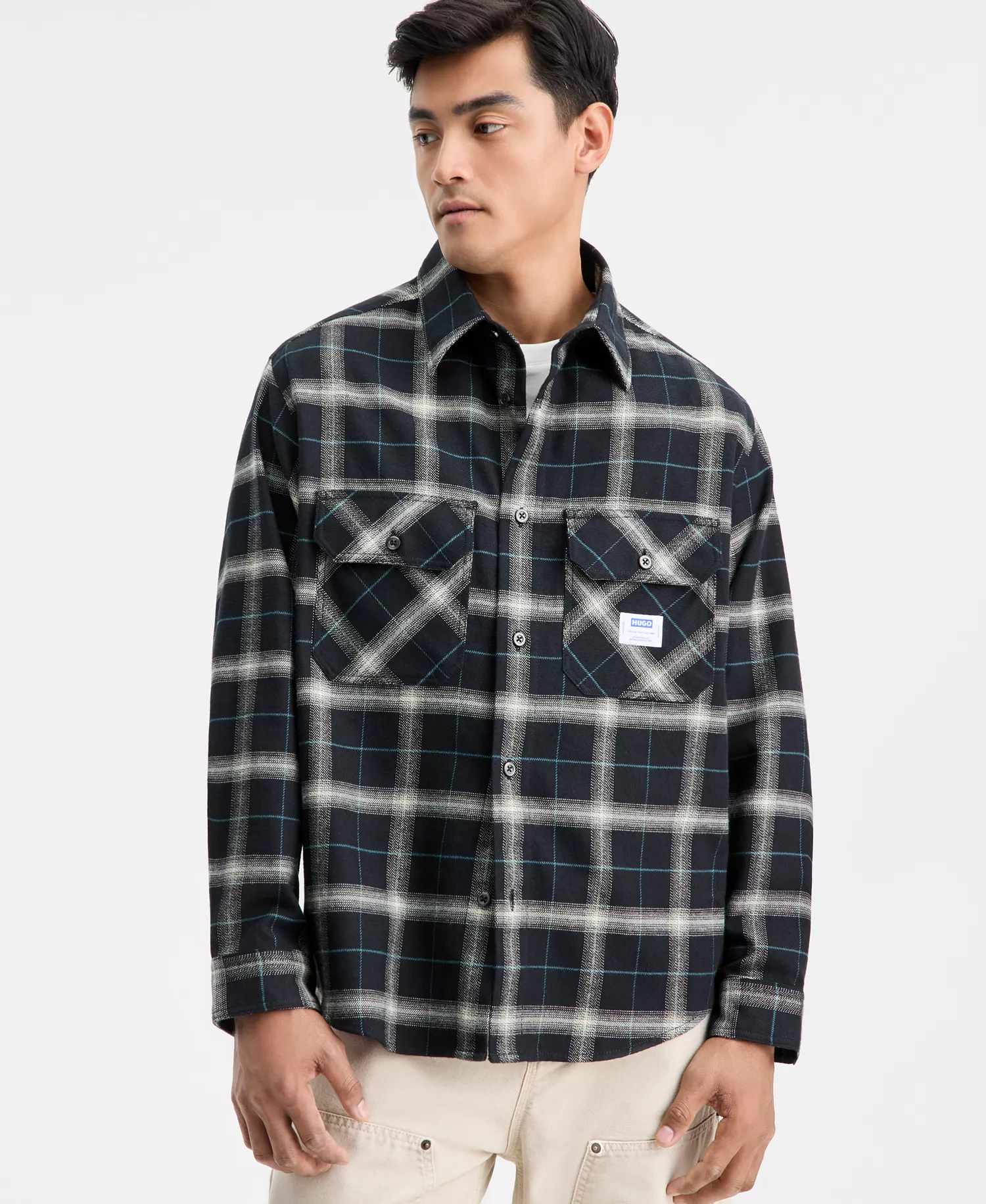 Men's Oversized-Fit Ebolt Plaid Long-Sleeve Shirt - BLACK PLAID - 2XL