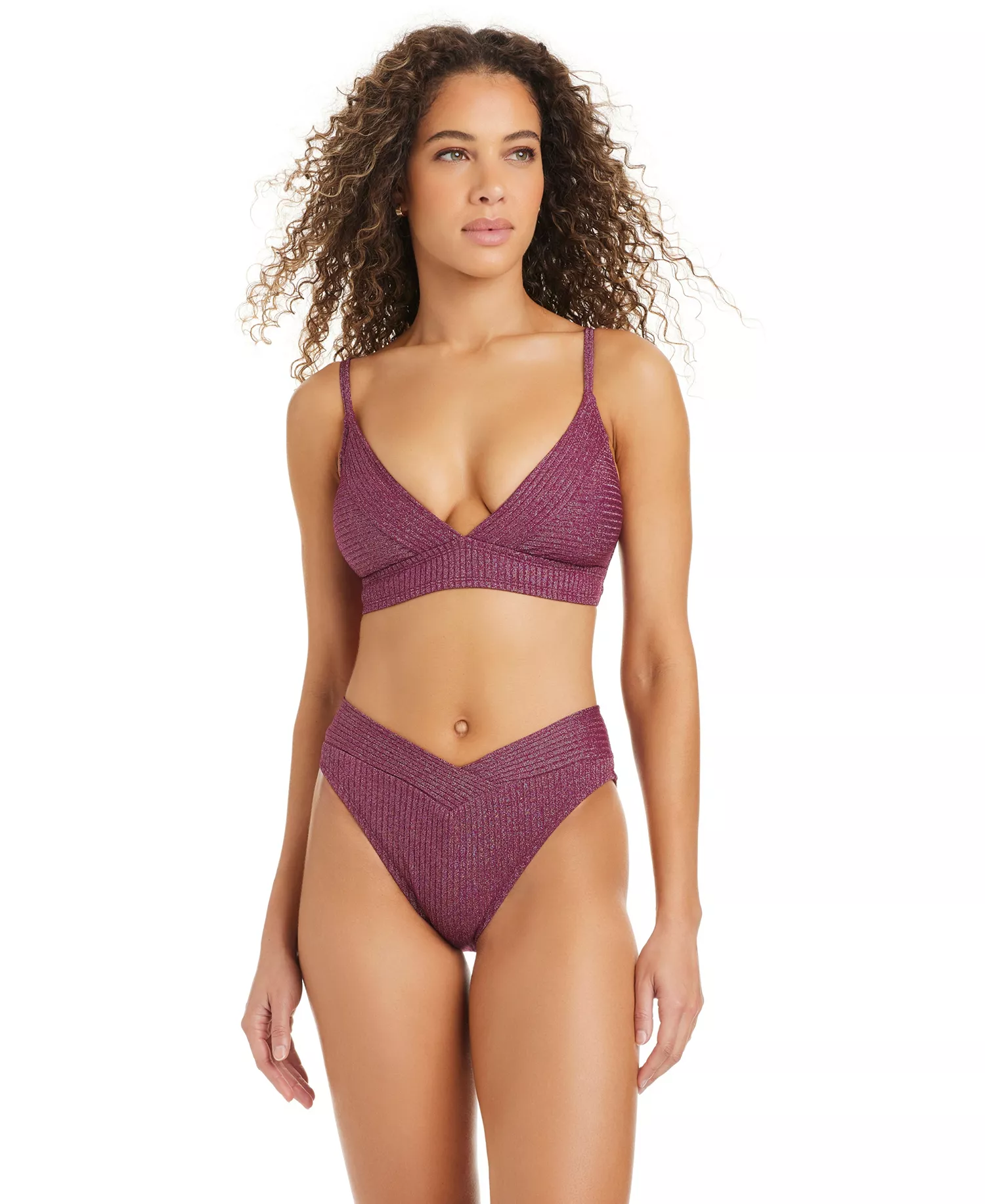 Women's Rib & Shine Over-The-Shoulder Swimsuit Bra, Macy's Exclusive - Burgandy - L