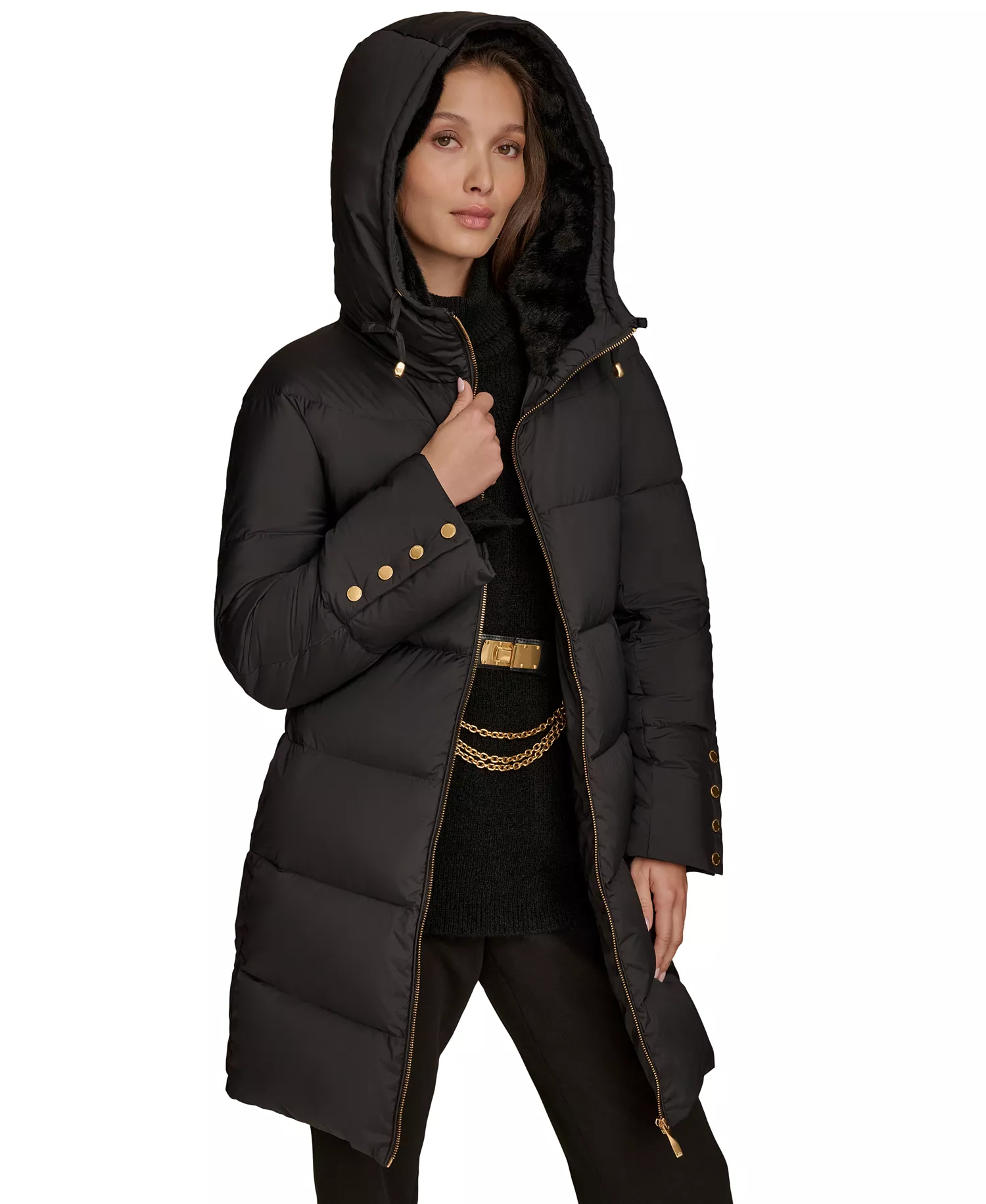 Women's Hooded Down Puffer Coat - Black - L