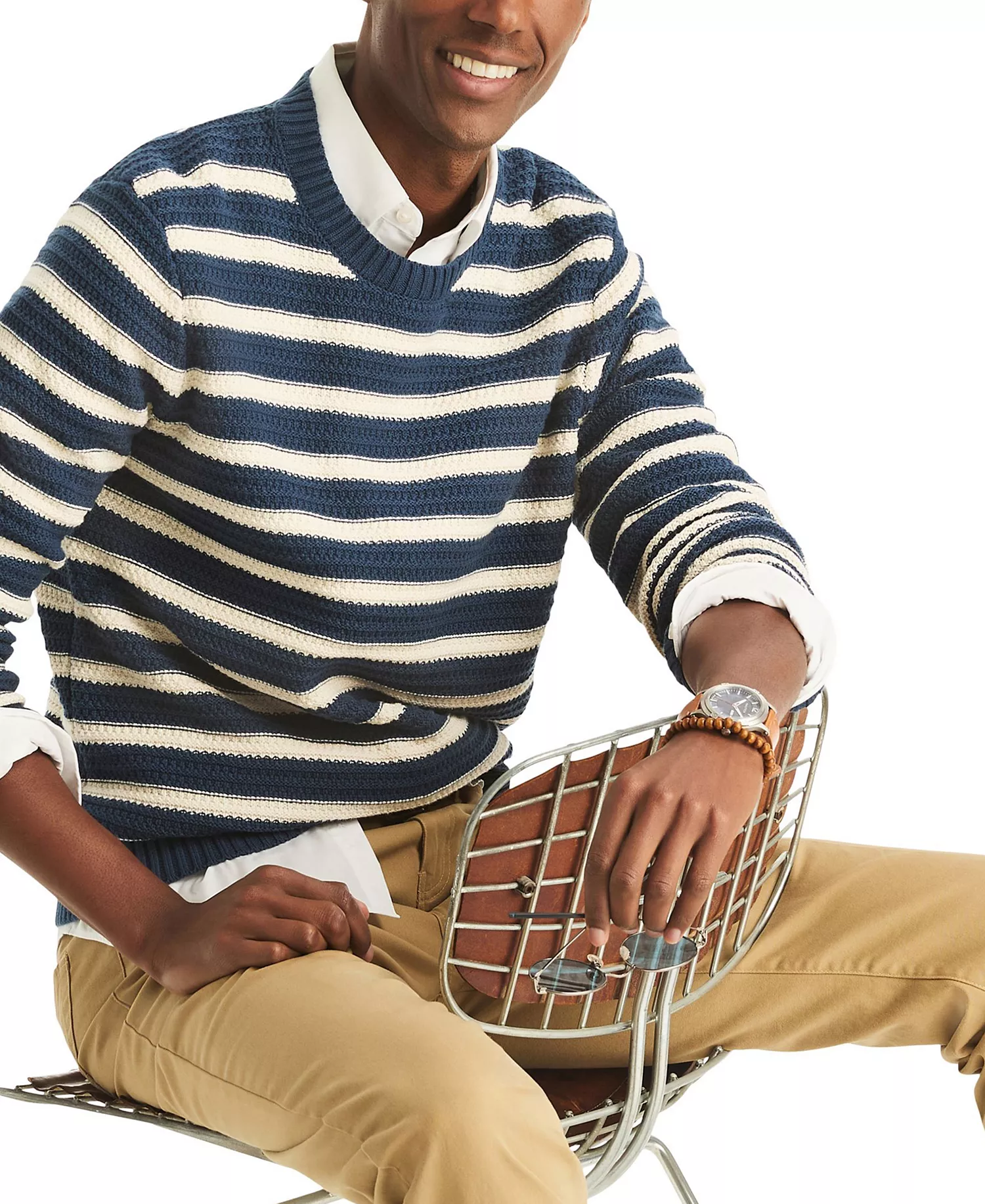 Men's Textured Striped Crewneck Sweater - Lapis Blue - L