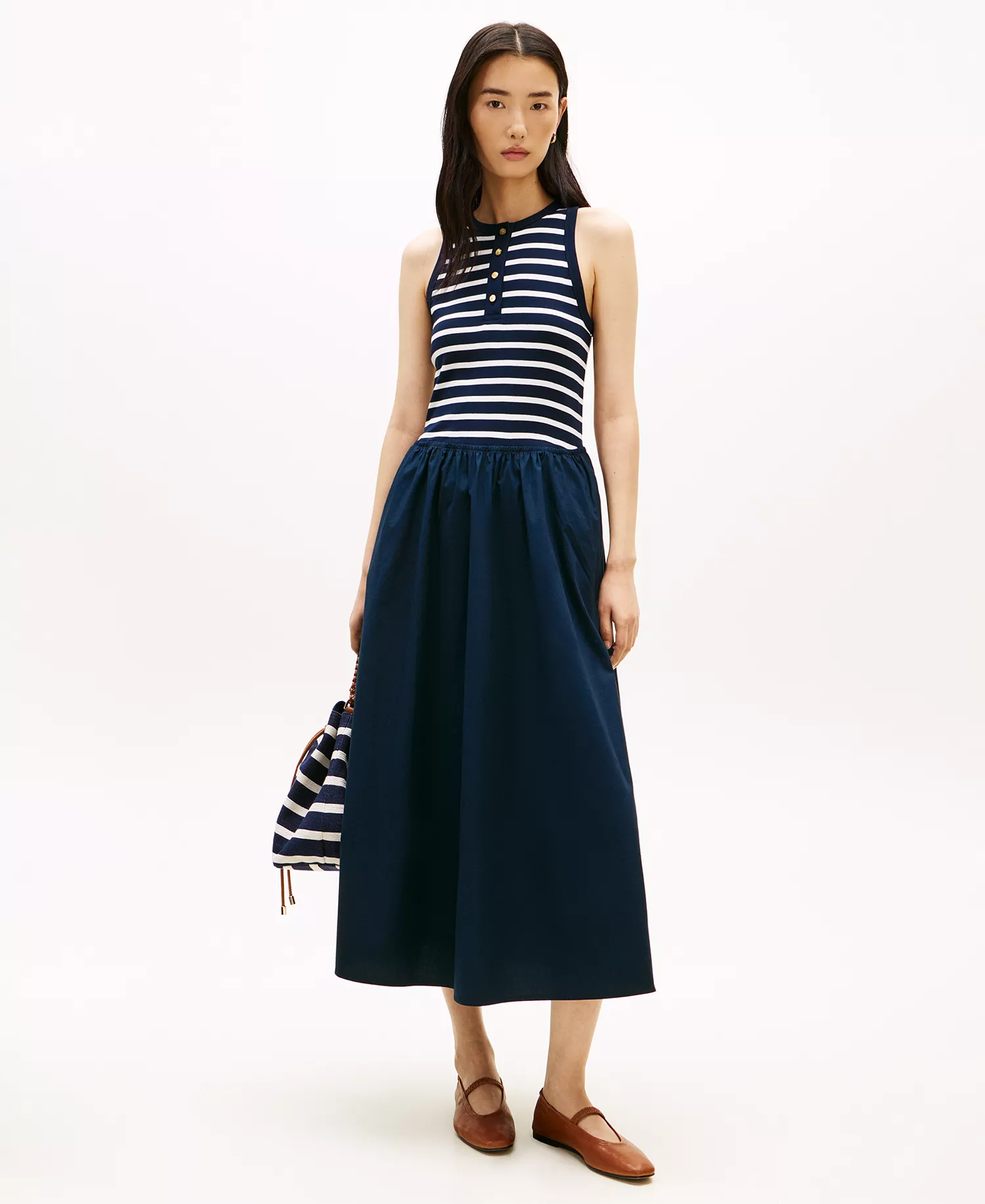 Women's Gold-Tone Button Dress - Breton Stripe Dark Night / Ecru - L