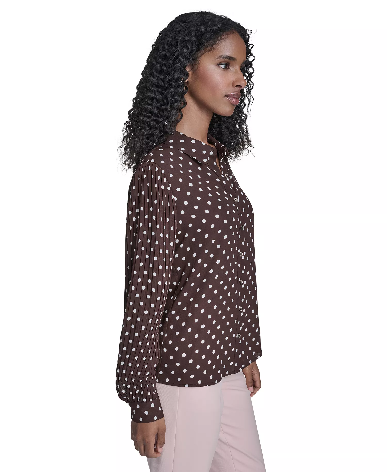 Women's Dot Pleated-Sleeve Button-Up Top - Chicory/ Ivory - L