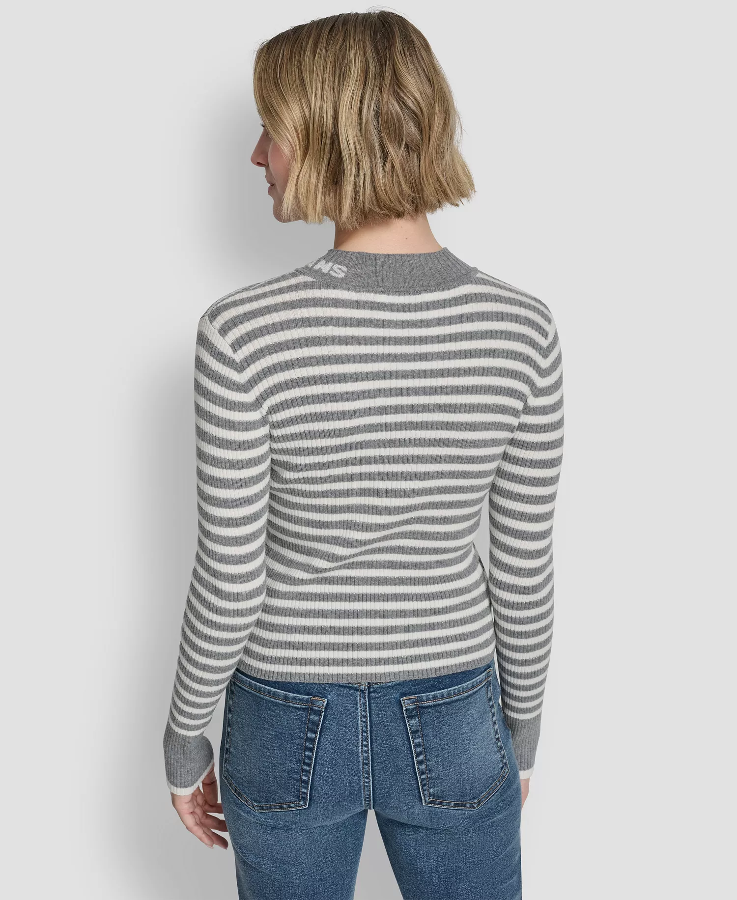 Women's Long-Sleeve Mock Neck Rib Striped Sweater - Storm Grey Heather/Ivory/Silver - L