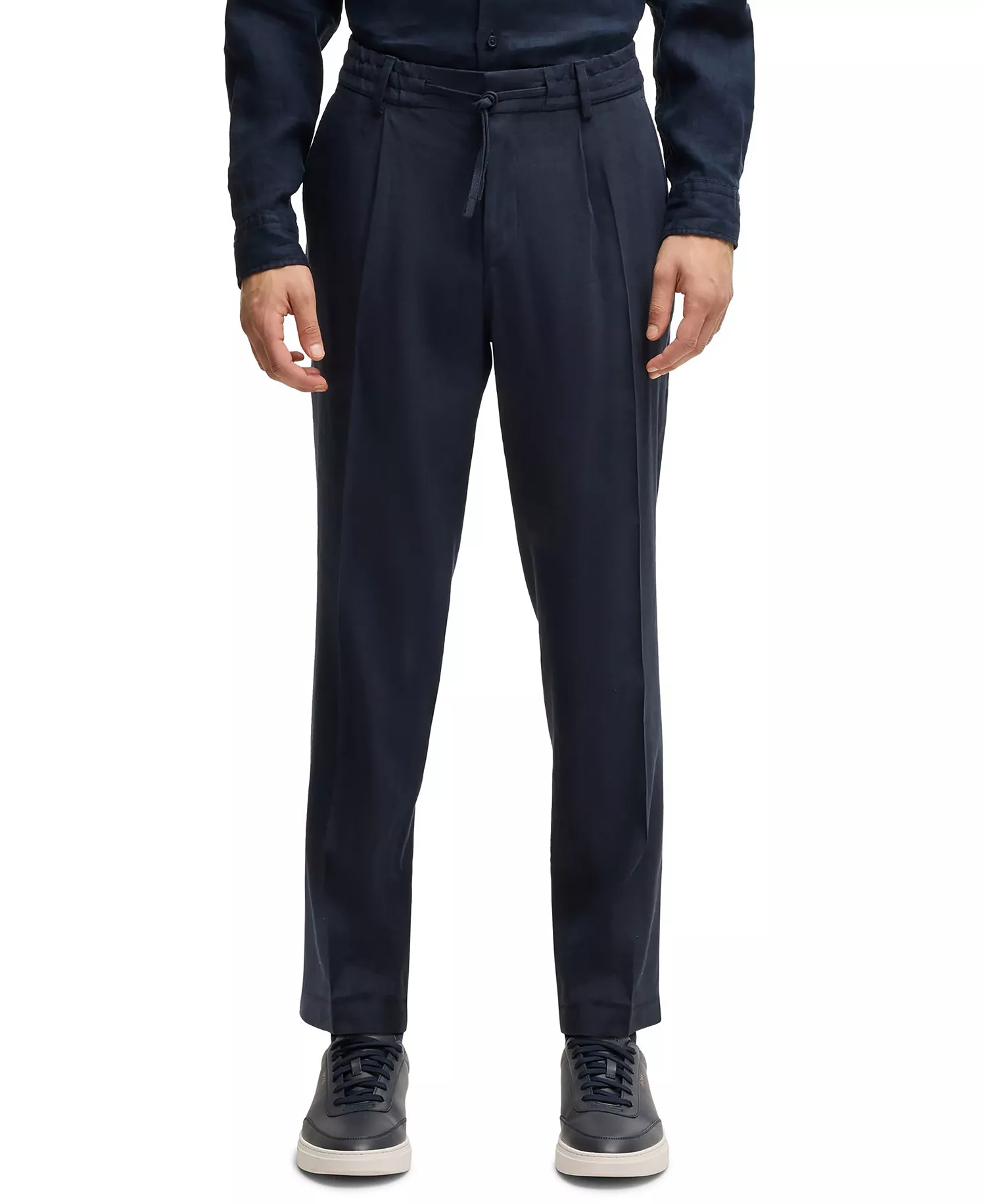 Men's Linen Blend Tapered-Fit Tailored Trousers - Dark Blue - 32R