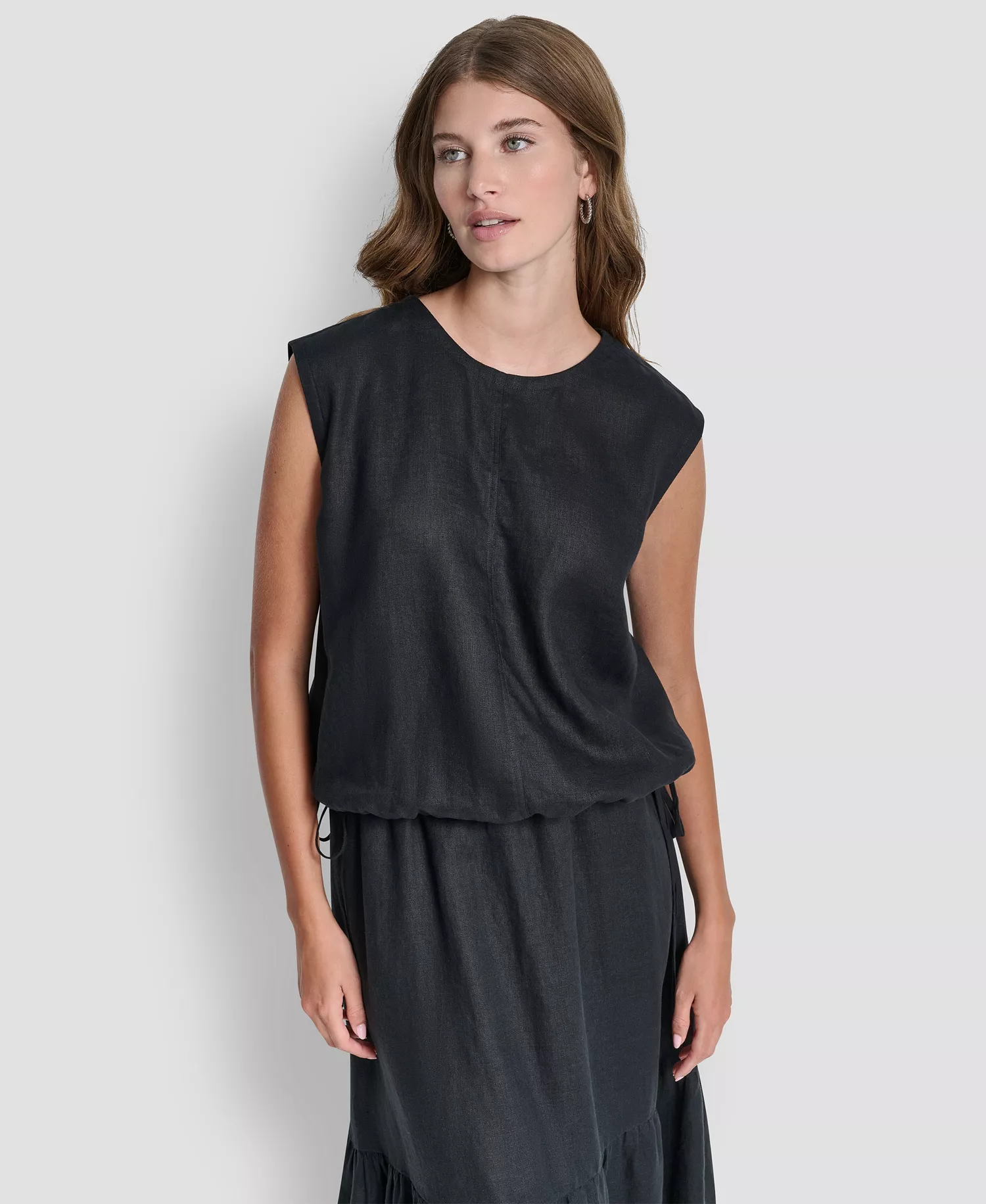 Women's Linen Drawstring Hem Sleeveless Top - Black - L