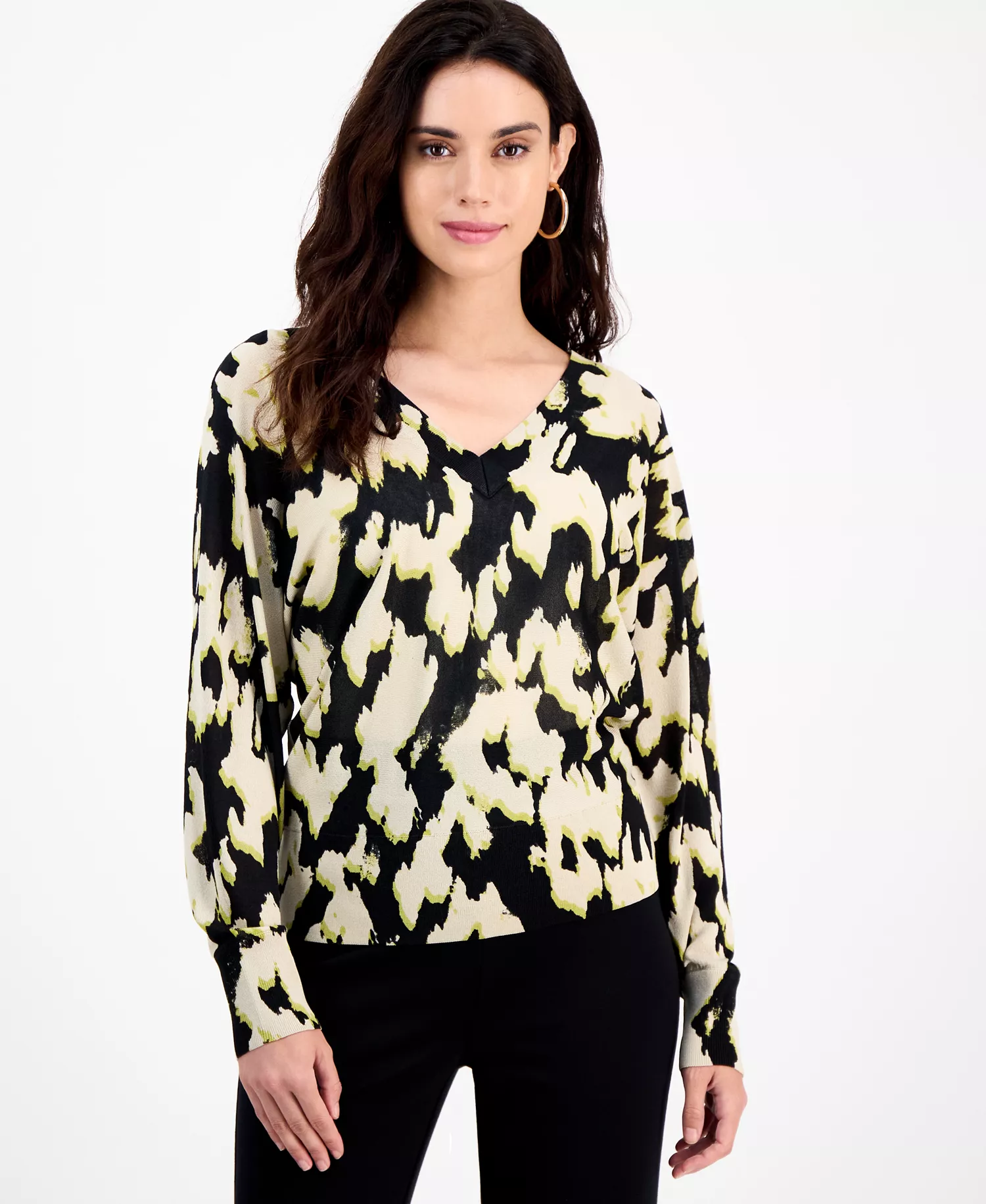 Petite Printed Double-V-Neck Long-Sleeve Sweater, Macy's Exclusive - Tacey Garden - P/S