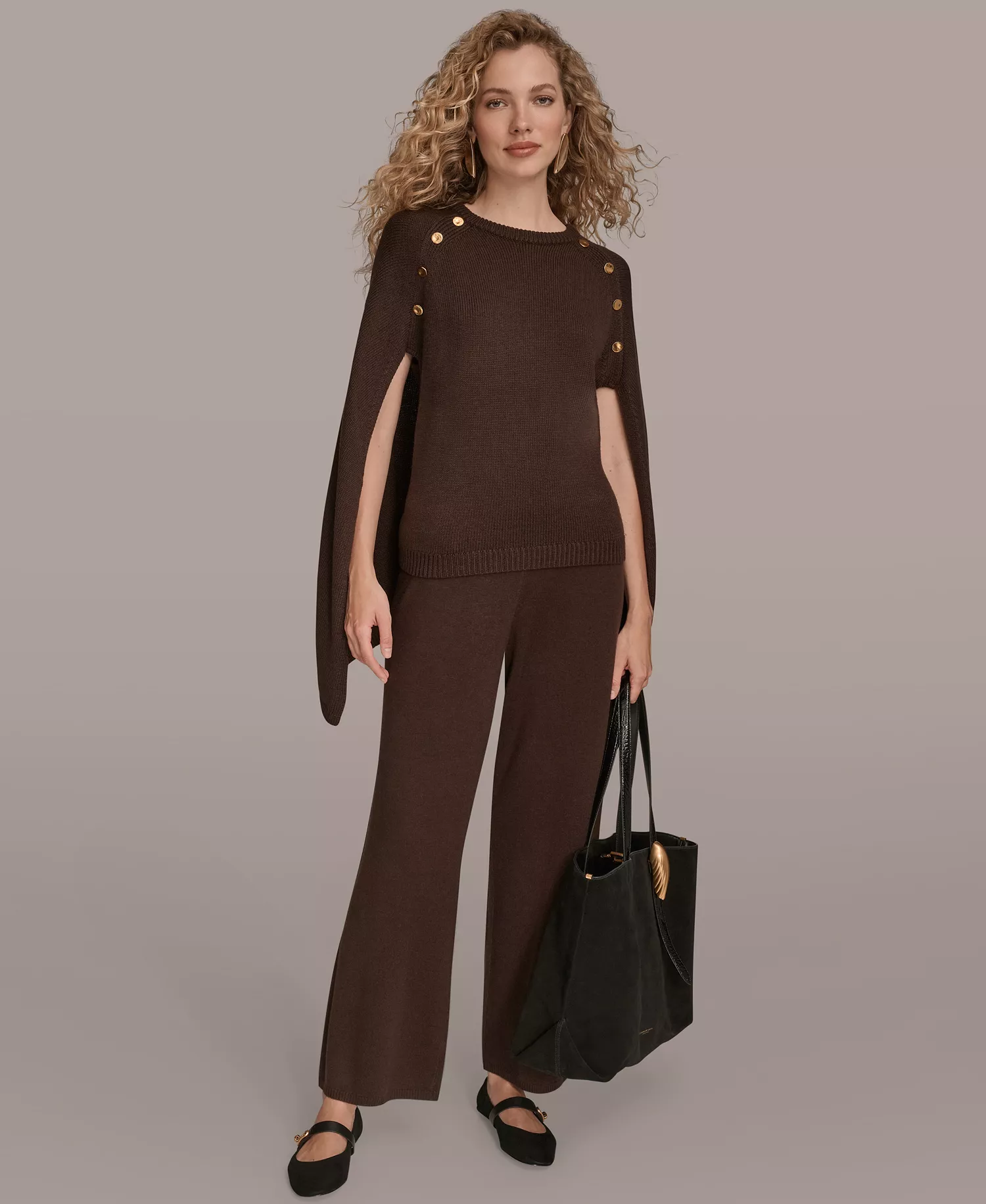 Women's Button Detail Poncho Sweater - Chocolate Plum - XL