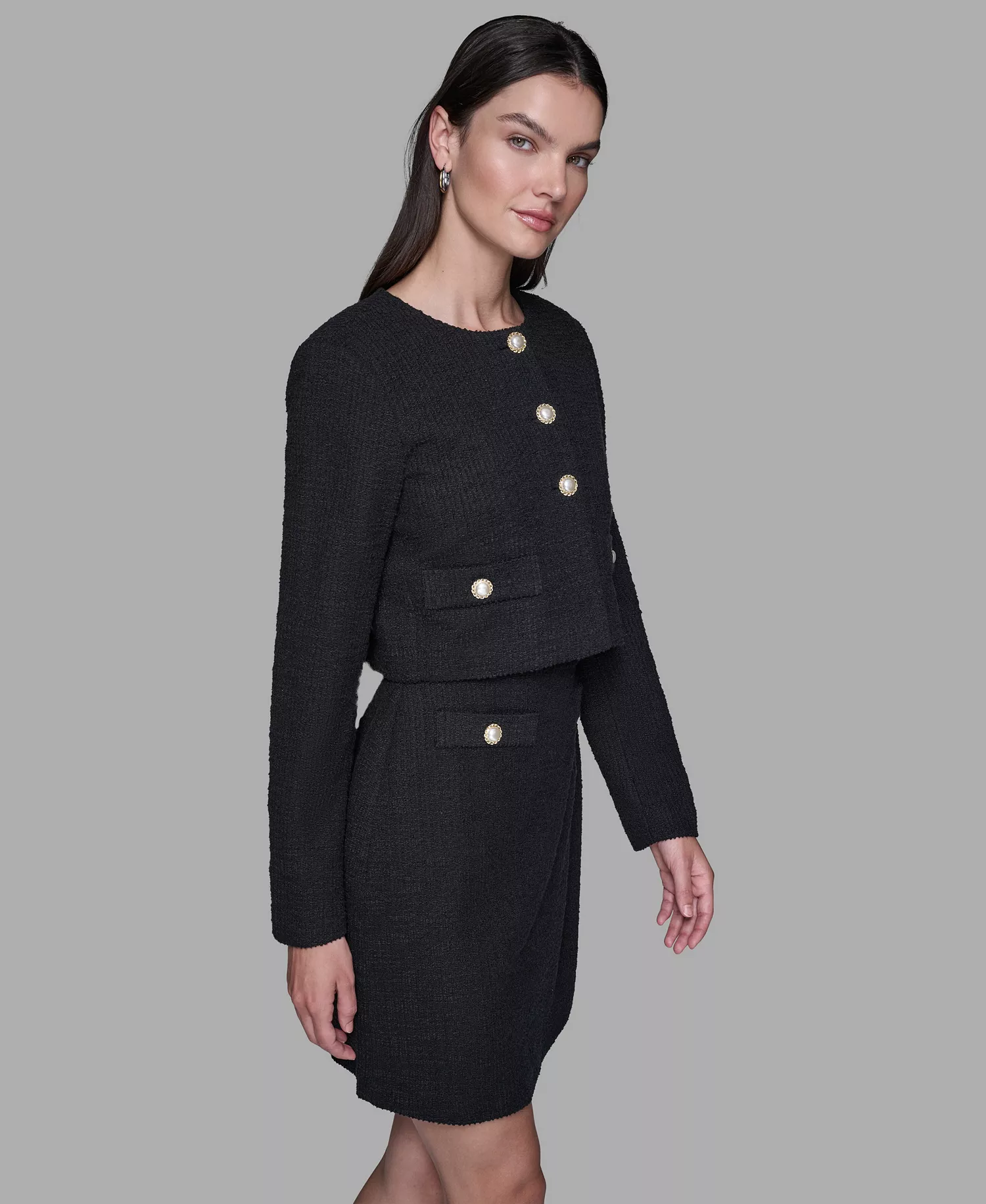 Women's Long-Sleeve Tweed Jacket - Black - 0