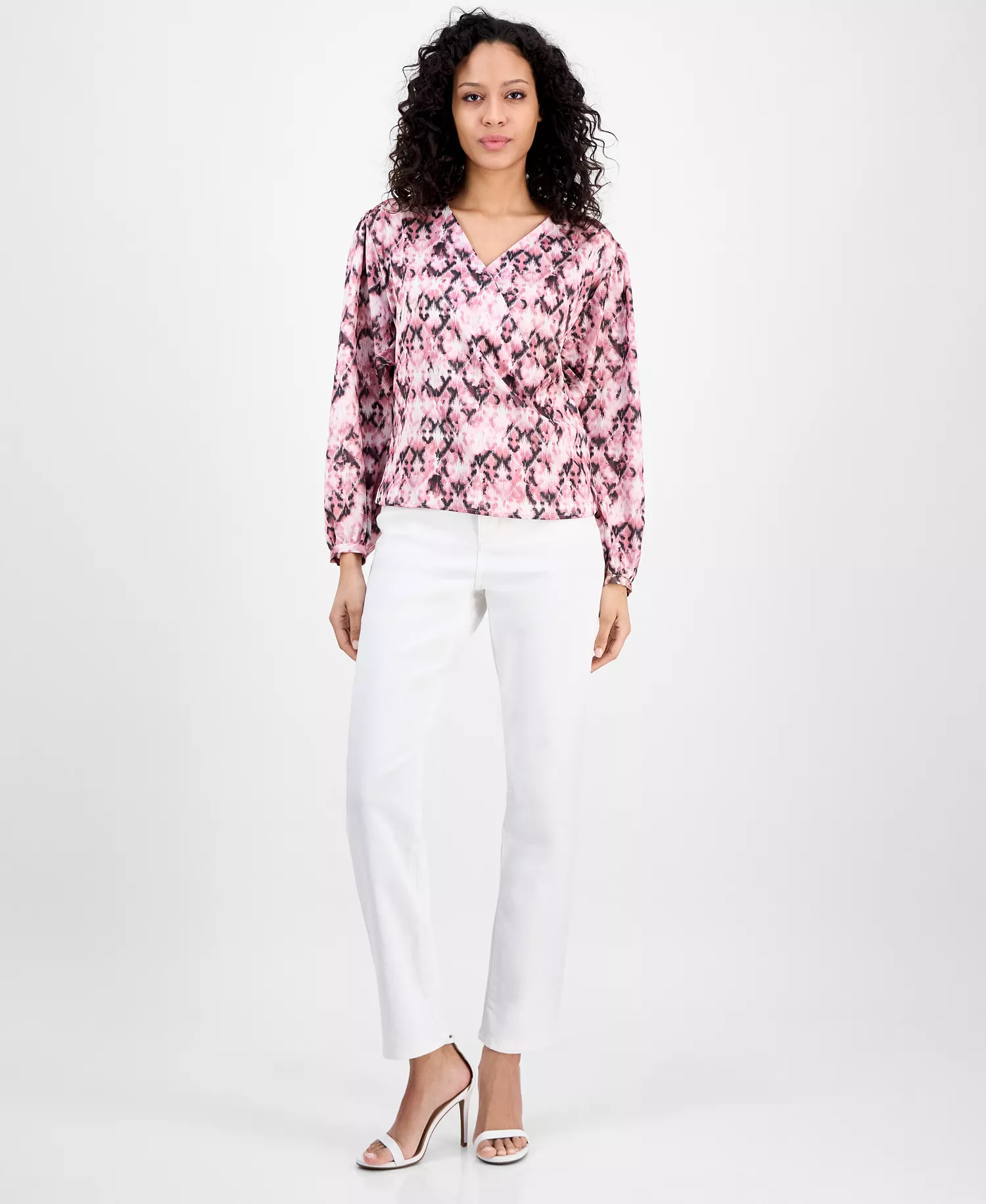 Women's Printed Long-Sleeve V-Neck Blouse - Pink Aztec - M