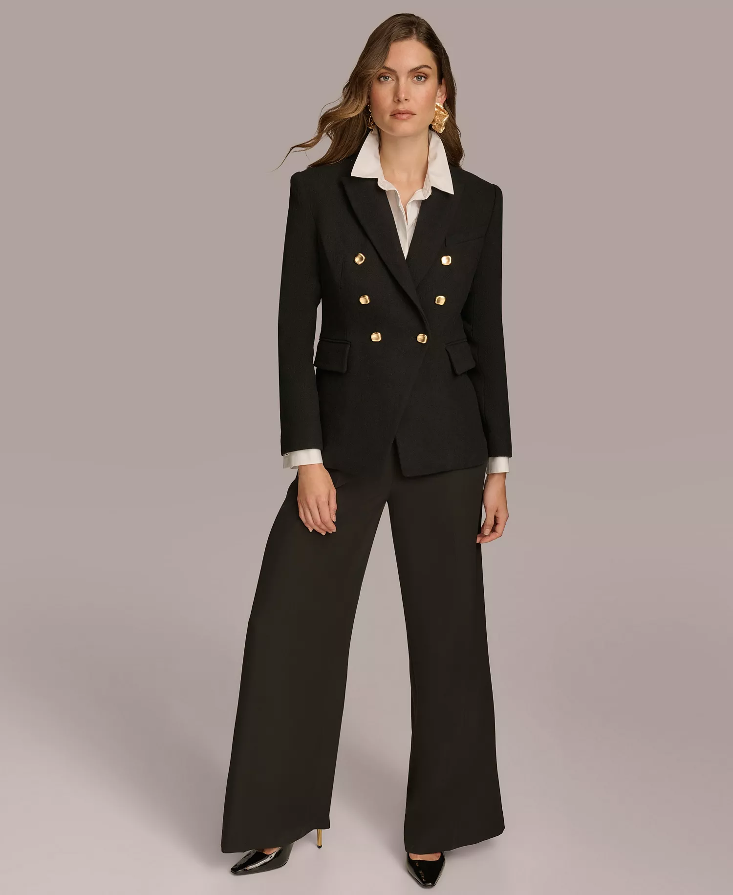 Women's Double Breasted Buttoned Blazer - Black - L