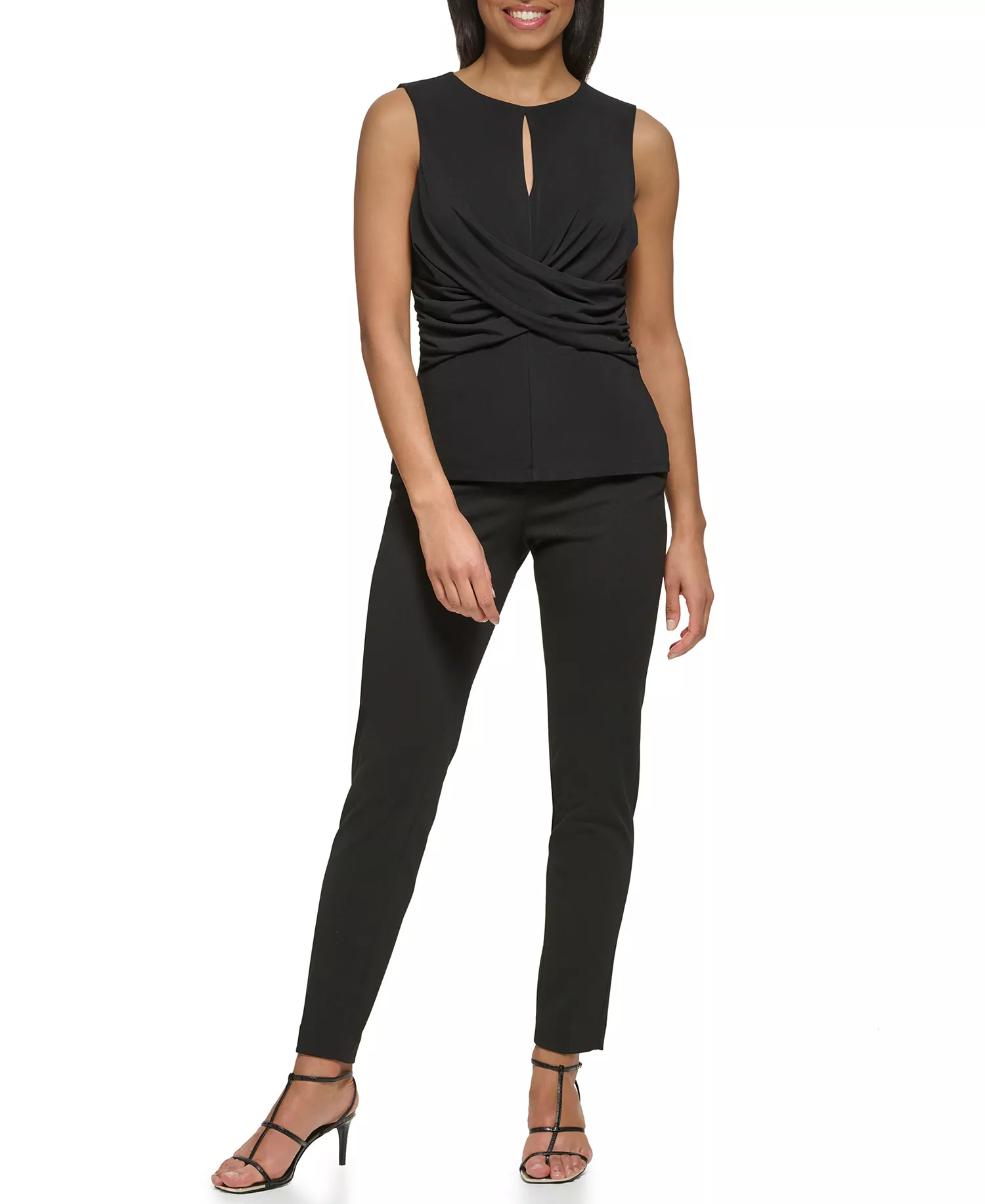 Petite Sleeveless Round Neck Keyhole Criss Cross Wrap Top - Black - P/L