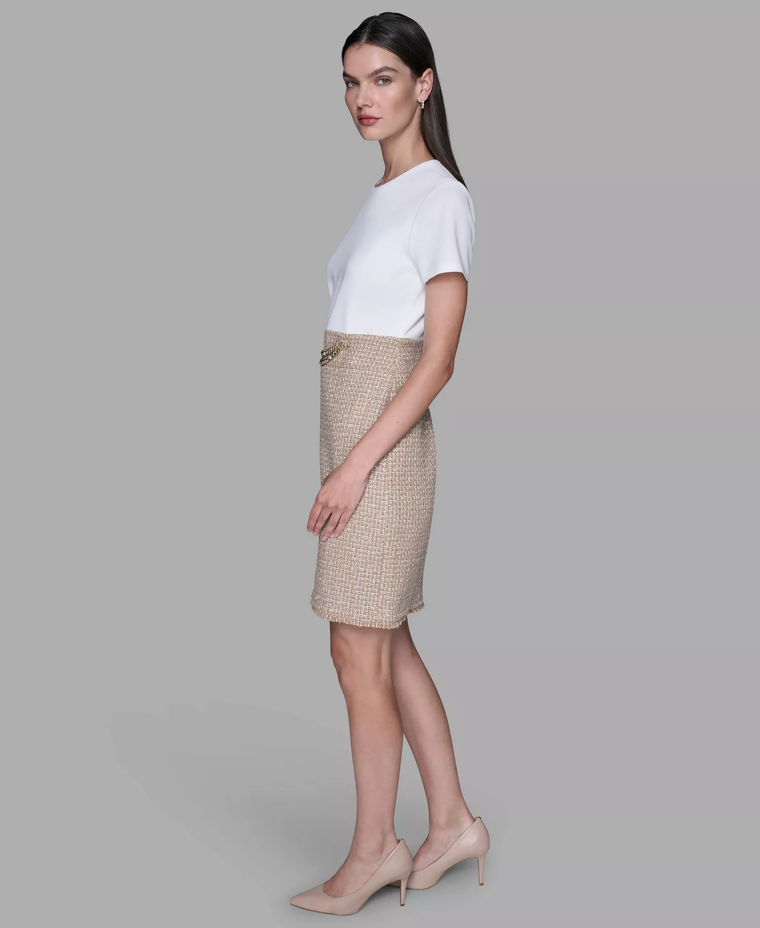 Women's Crew Neck Tweed Dress - Soft White/ Khaki - 10