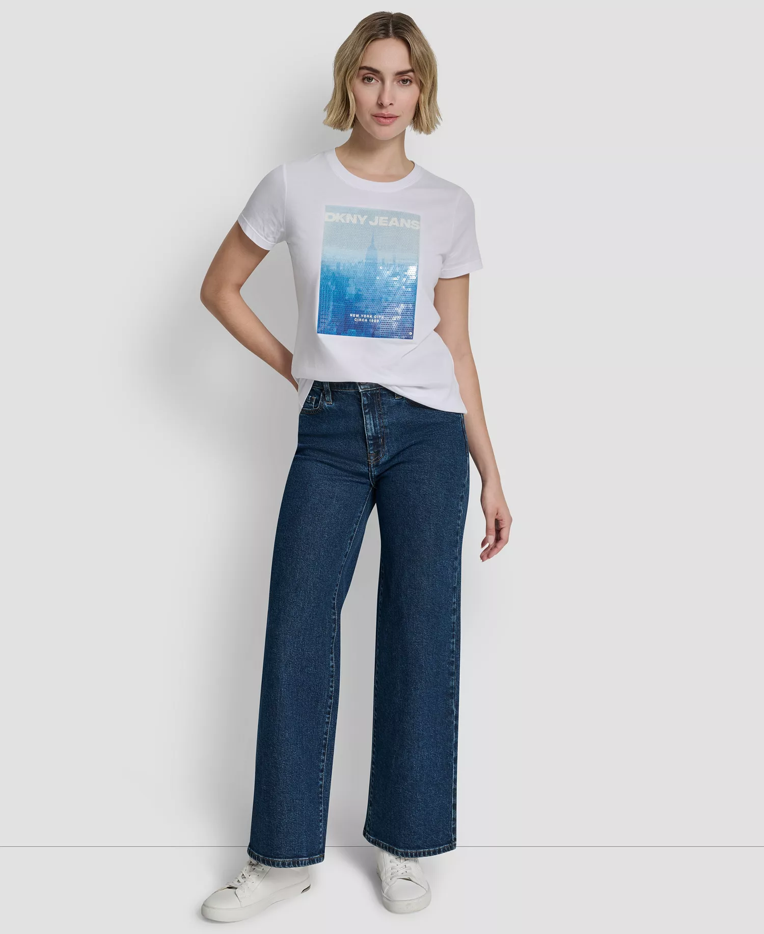 Women's Sequin Photoreal Logo Crewneck T-Shirt - White/clear Blue - L