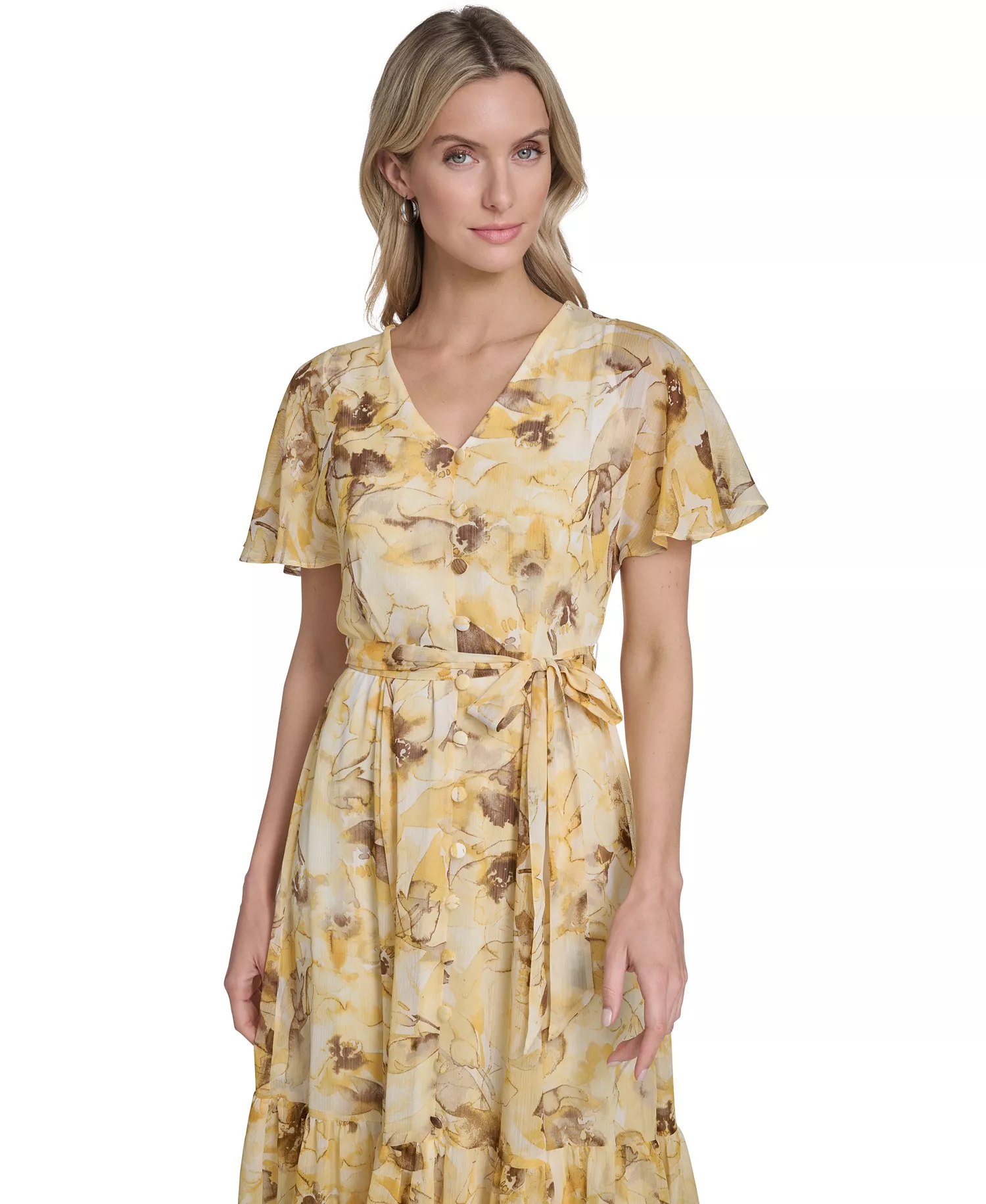 Women's Flutter-Sleeve Floral Print Midi Dress - Dijon Multi - 10