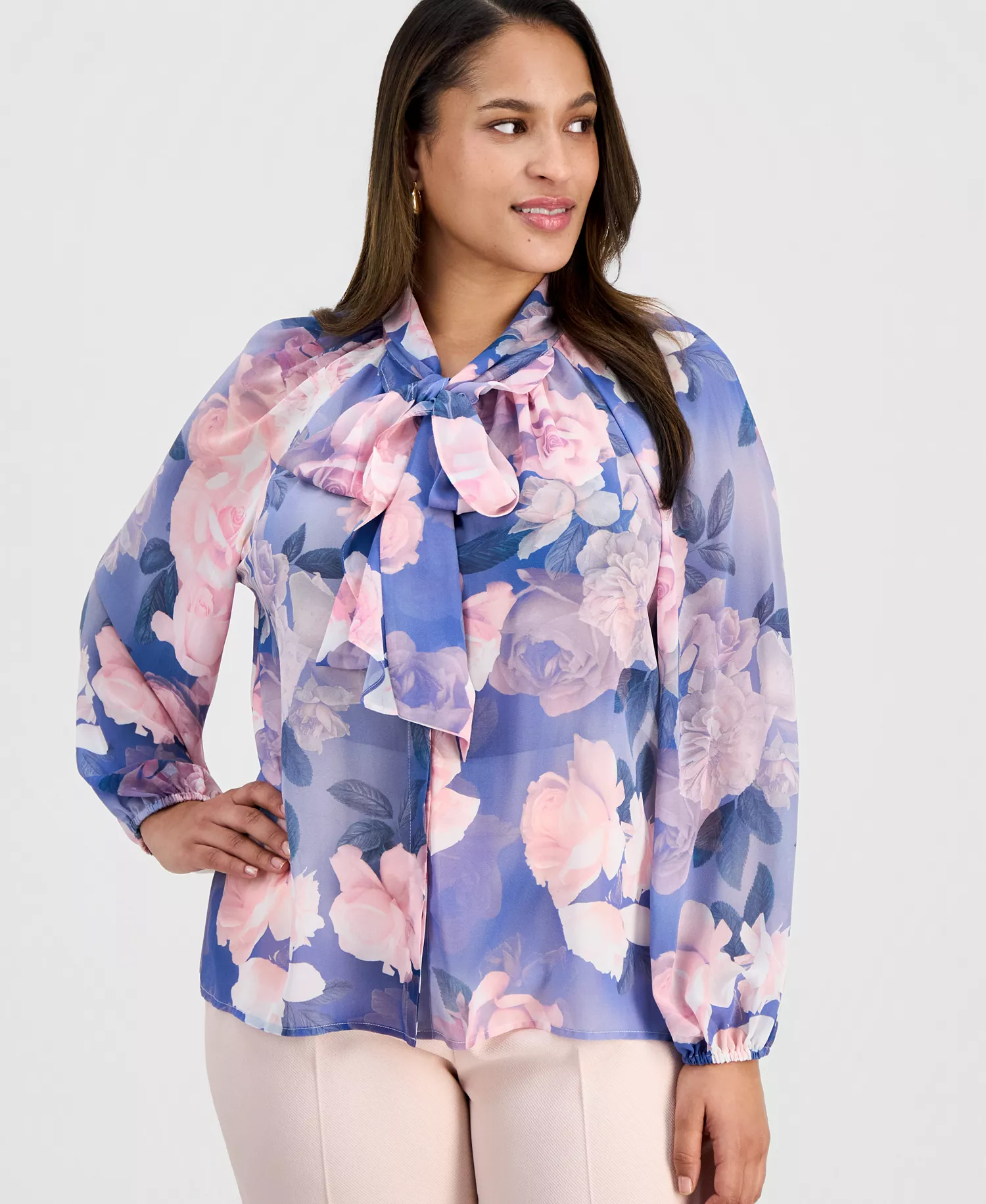 Plus Size Printed Ruffle-Tie Long-Sleeve Blouse - Blue Petal Floral - 1X