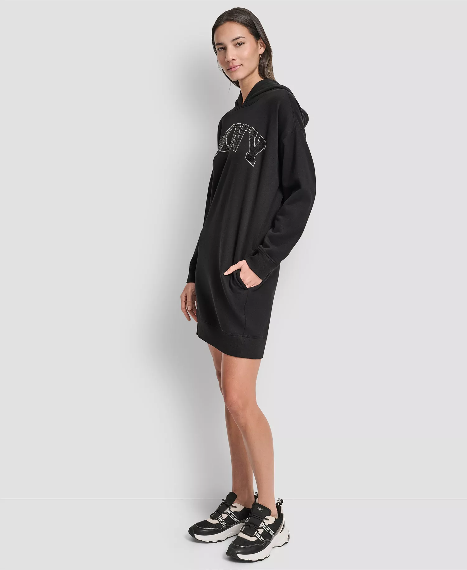 Women's Exploded Rhinestone Varsity Logo Hoodie Sneaker Dress - Black - M