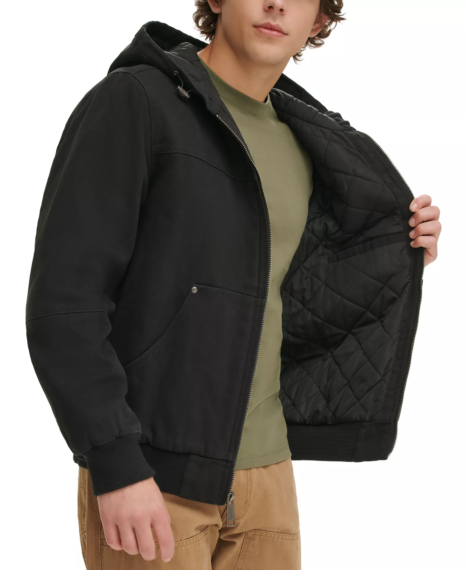 Men's Workwear Hoodie Bomber Jacket with Quilted Lining - Black - 2XL