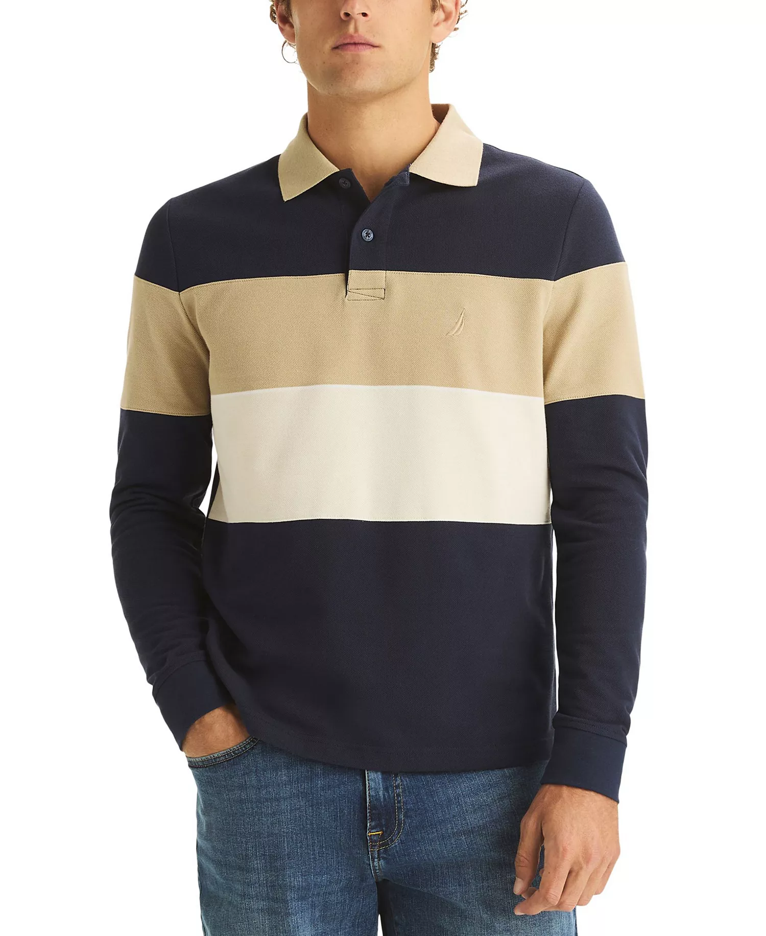 Men's Color-Block Long-Sleeve Rugby Polo Shirt - Navy Seas - XL