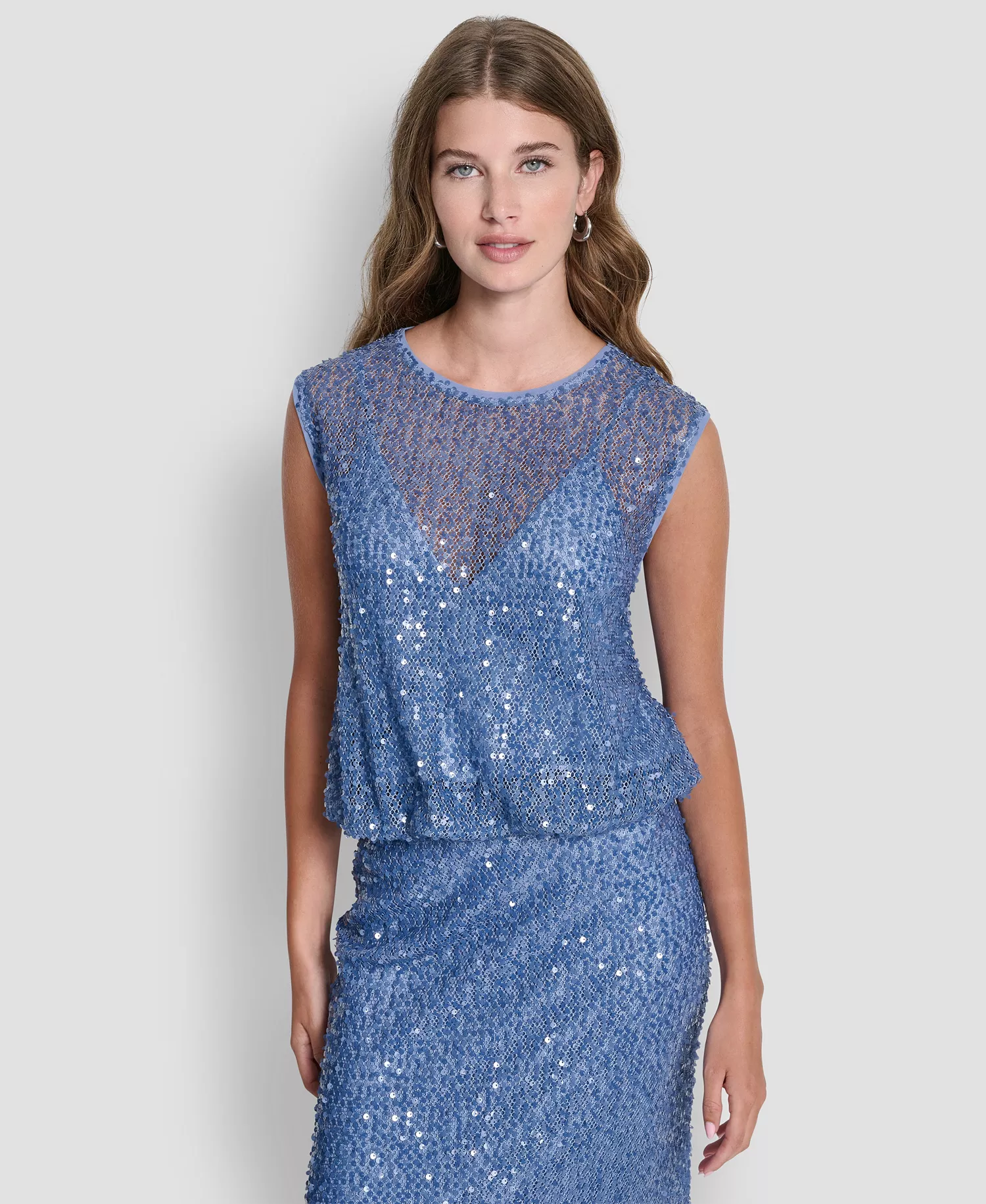 Women's Sleeveless Bubble Hem Sequin Knit Top - Liberty Sky - L