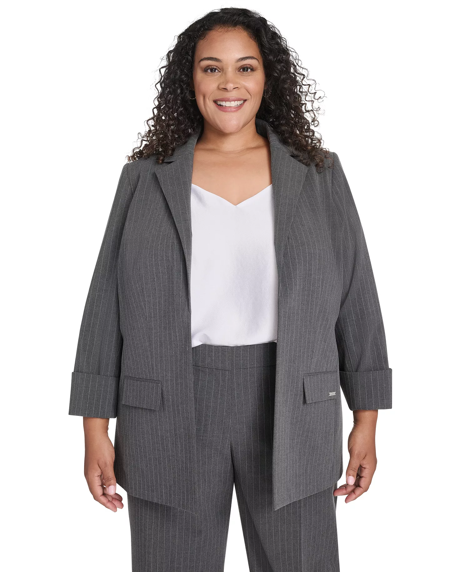 Plus Size Pinstripe Long Sleeve Blazer - Heather Charcoal Multi - 14W
