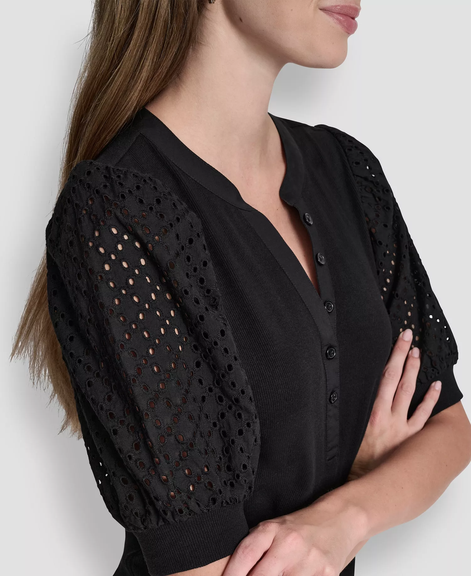 Women's Puff-Sleeve Henley Top - Clover Black - L