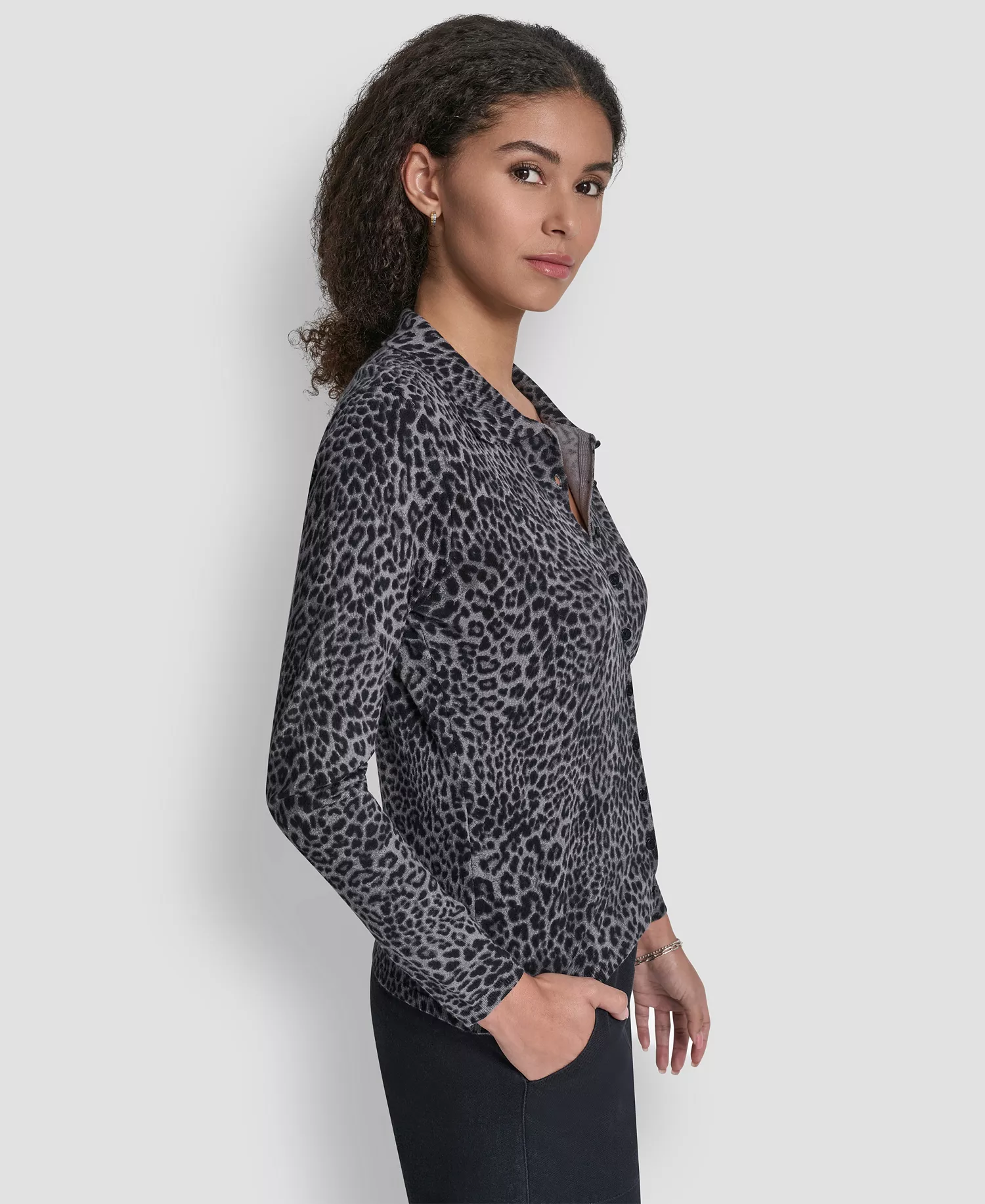 Women's Mini Leopard Print Cardigan Top - Strom Gray Combo - L