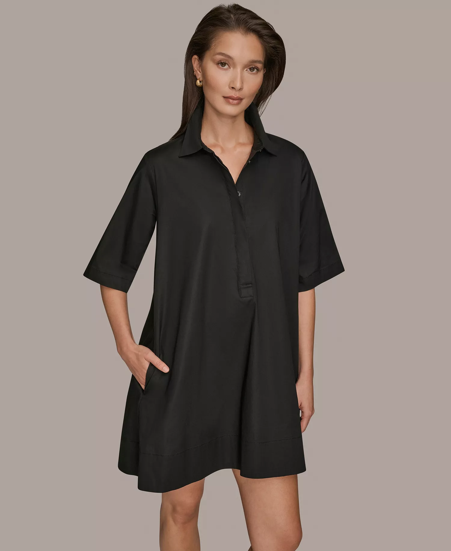 Women's Stretch Poplin Elbow-Sleeve Hidden Placket Dress - Black - L